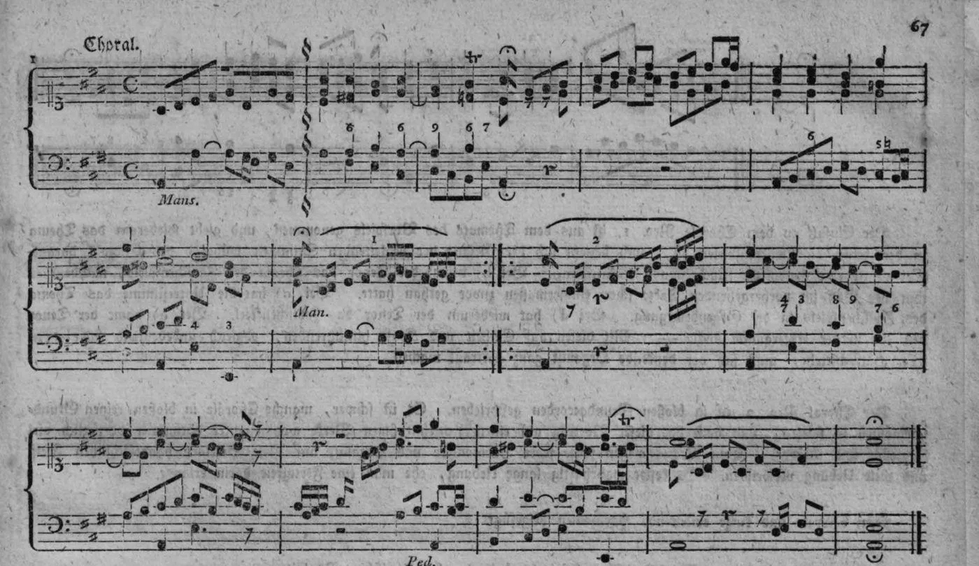 Notenbeyspiel, gedr. 67: Choral »Meinen Jesum laß ich nicht« mit Zwischenspielen (Nro. 1), vollständig, samt erstem System des Chorals Nro. 2 (»in bloßen Grundaccorden«)