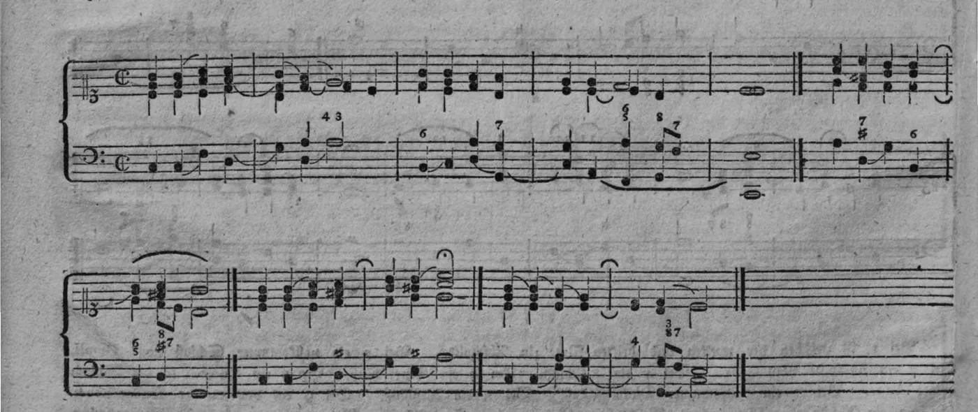 Notenbeyspiel, zwei bezifferte Kadenzformeln (Anfang; Fortsetzung auf gedr. 5)