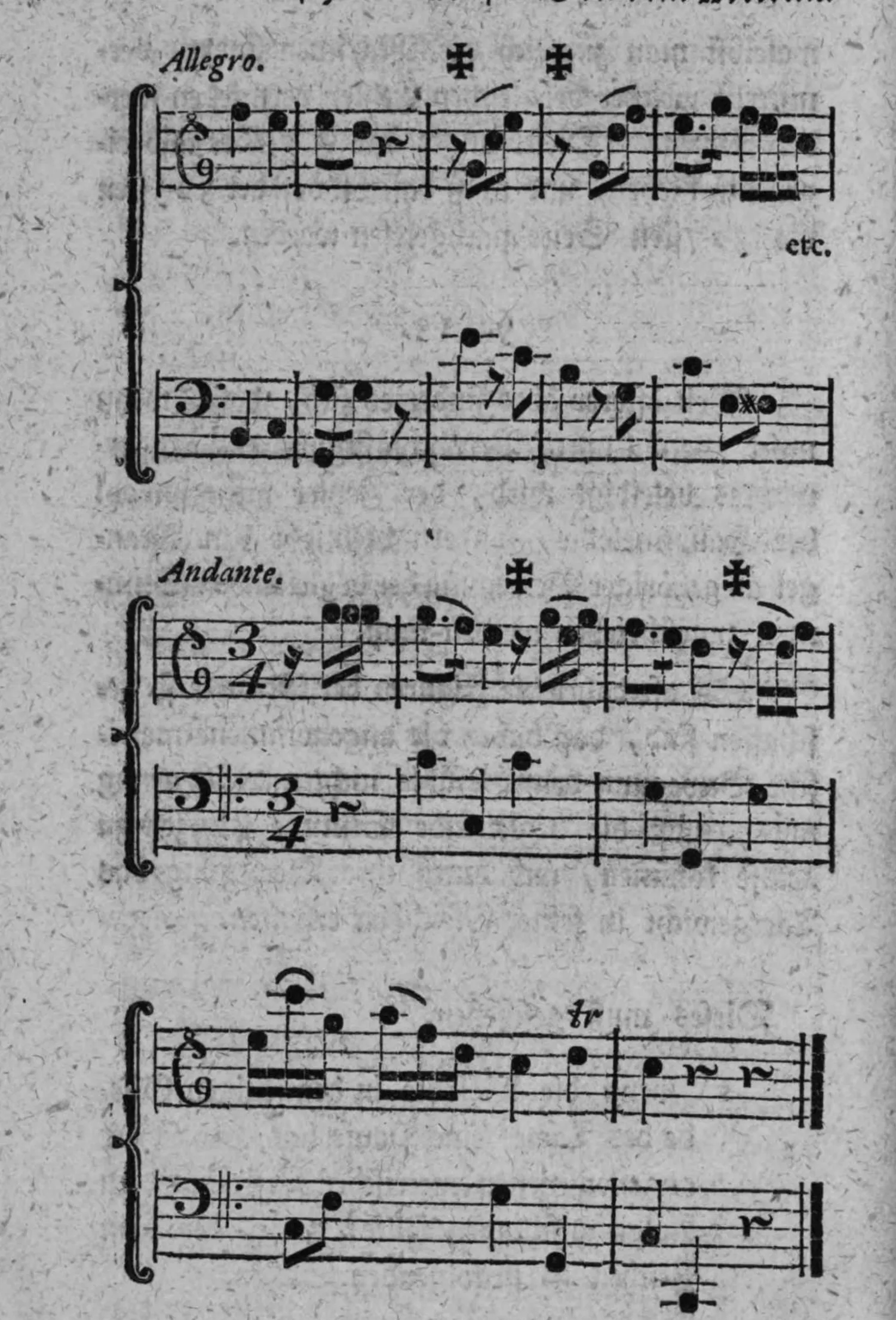 Notenbeyspiel: drey zweistimmige Notenbeyspiele (Allegro, Andante, und ein weiteres ohne Tempobezeichnung) mit ✝-Zeichen über denjenigen Stellen, an denen die Melodie pausiert, wo sie der metrischen Bewegung zufolge anschlagen sollte