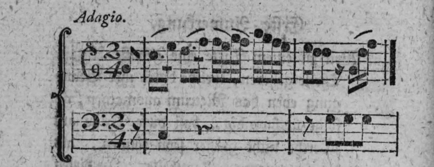 Notenbeyspiel: zweistimmiges Notenbeyspiel »Adagio«, 2/4-Tact, zur Veranschaulichung des auf Tactglieder gegründeten Metrums