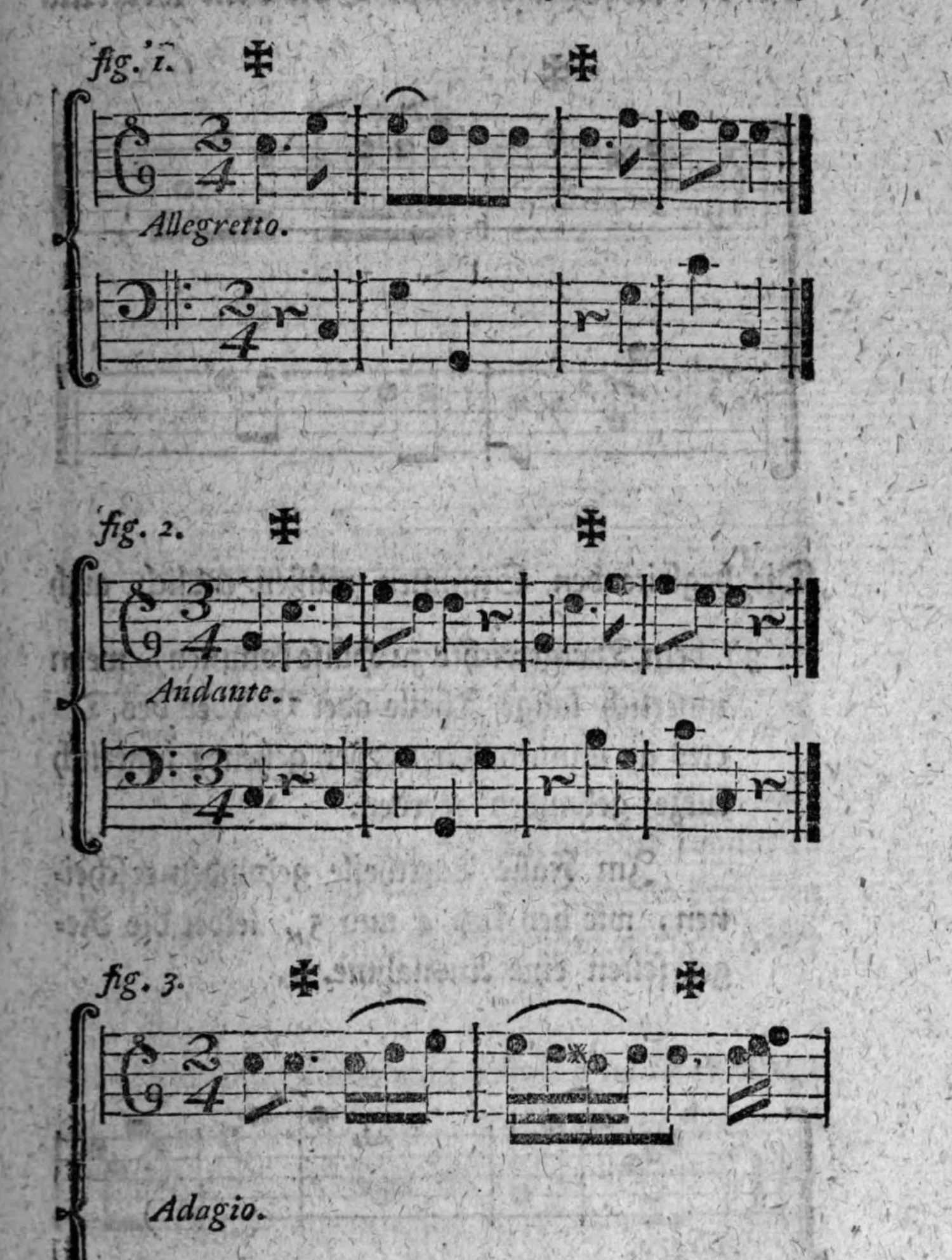 Notenbeyspiel: fig. 1 (Allegretto) und fig. 2 (Andante), je zweistimmig mit ✝-Zeichen über den werthgrößeren Tönen, sowie fig. 3 (Adagio), zur Veranschaulichung des Metrums bey Tönen, die größer am Werthe sind als die Bewegungstheile des Tactgewichtes