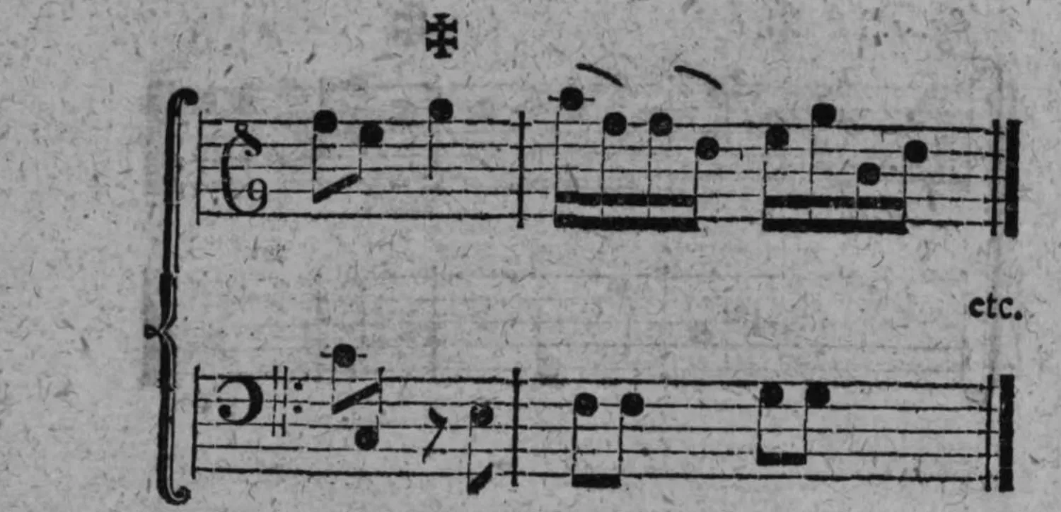 Notenbeyspiel: Fortsetzung des Adagio-Beyspiels (fig. 3) mit ✝-Zeichen