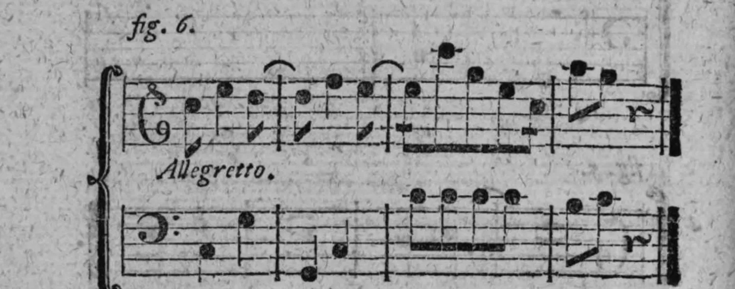 Notenbeyspiel: fig. 6 (Allegretto), zweistimmig, mit unmittelbar nacheinander gebundenen Tactgliedern
