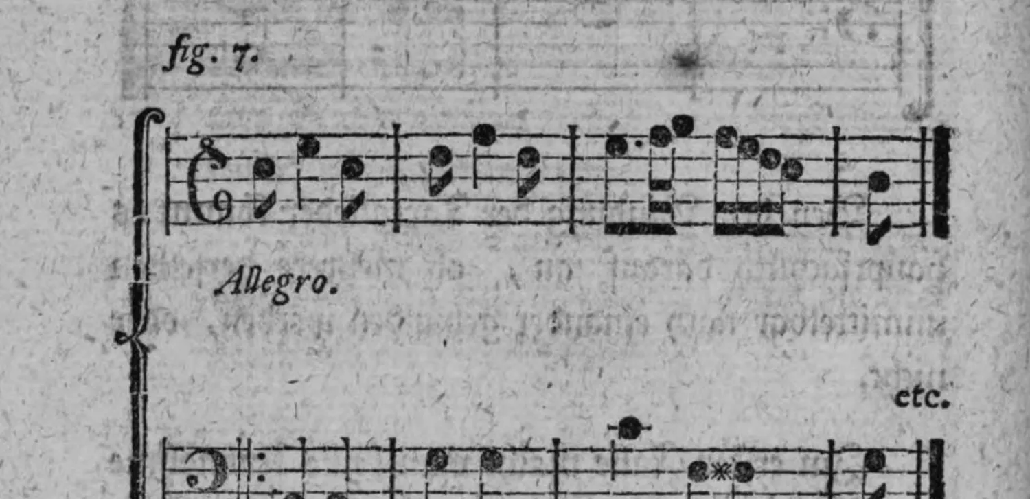 Notenbeyspiel: fig. 7 (Allegro), zweistimmig, mit nicht unmittelbar aufeinanderfolgenden Bindungen der Tactglieder