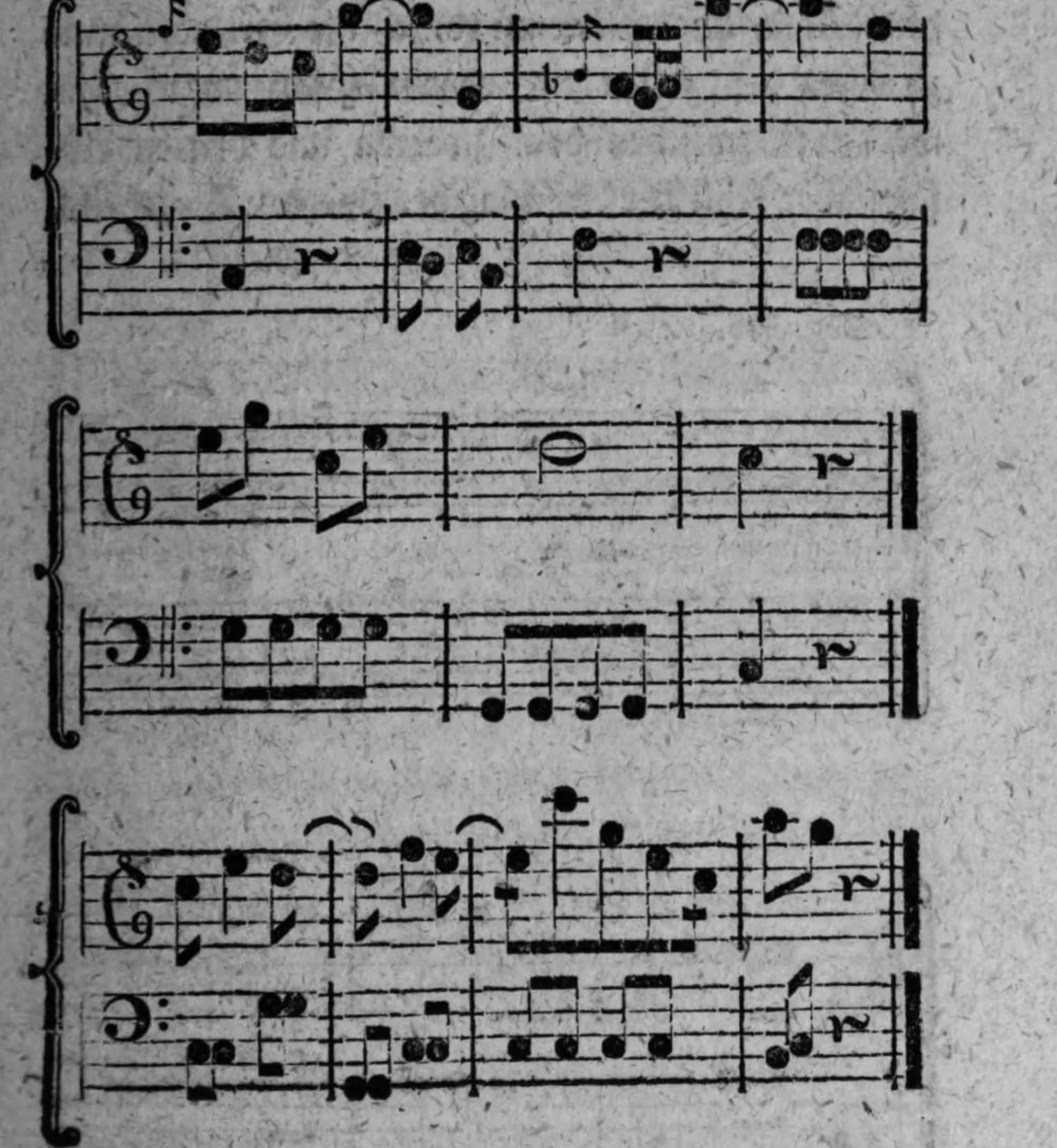 Notenbeyspiel: drey zweistimmige Notenbeyspiele, Varianten der Sätze fig. 4 und fig. 6 aus §. 13, mit durch Nebennoten und durchgehende Noten verzierter Begleitstimme