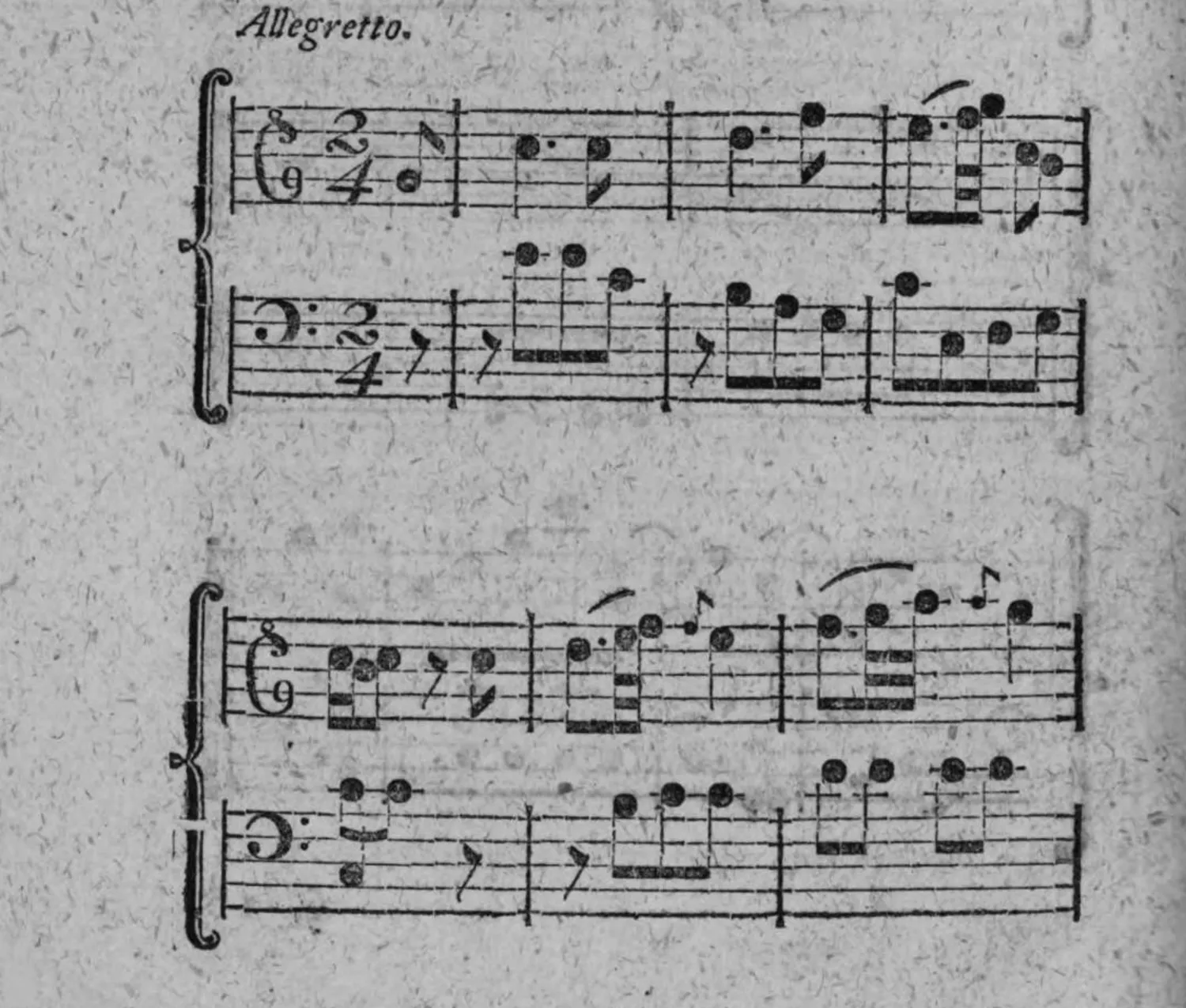 Notenbeyspiel: zweistimmiges Notenbeyspiel »Allegretto«, 2/4-Tact, in zwey Systemen, zur Veranschaulichung des zwischen zwey vollständigen Sätzen fehlenden Anschlags des zweyten Tacttheils