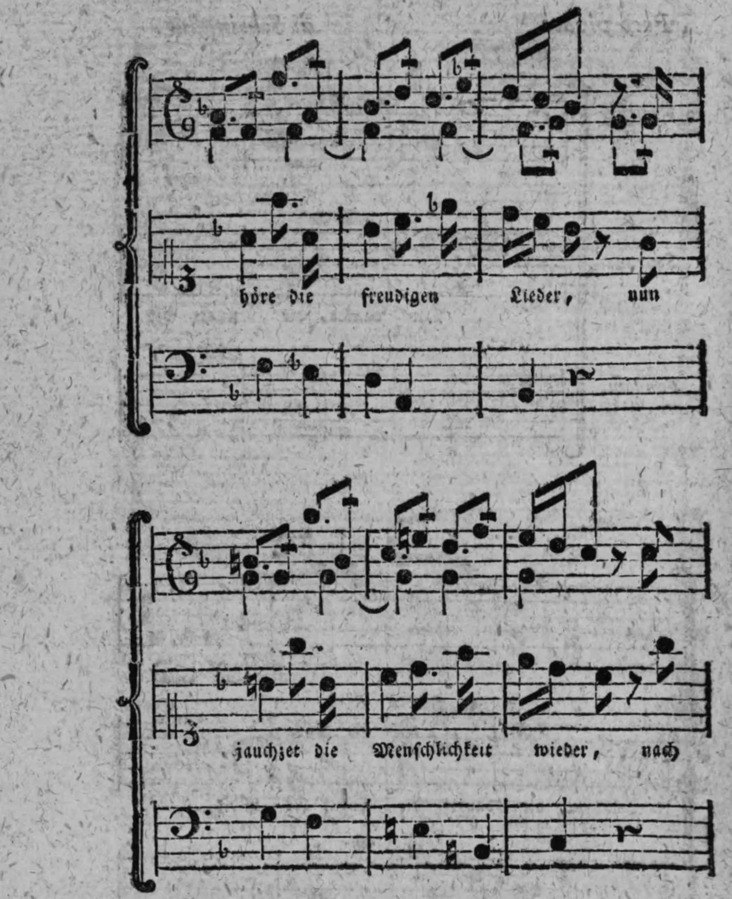 Notenbeyspiel: Fortsetzung des Scheinpflug-Beyspiels, dreystimmig, mit unterlegtem Text »höre die freudigen Lieder, nun jauchzet die Menschlichkeit wieder, nach«