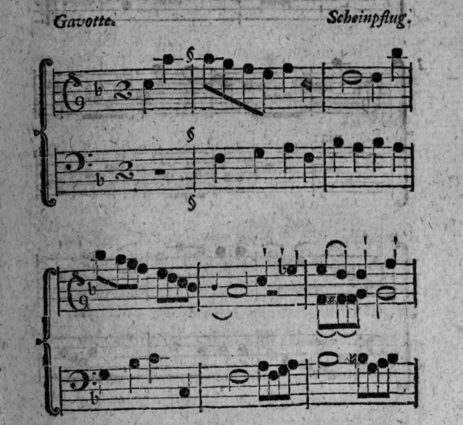 Notenbeyspiel: »Gavotte« von Scheinpflug, zweistimmig (Diskant und Baß), erste Periode (zwey Systeme) und unmittelbar anschließende zweyte Periode (zwey weitere Systeme), insgesamt vier Systeme