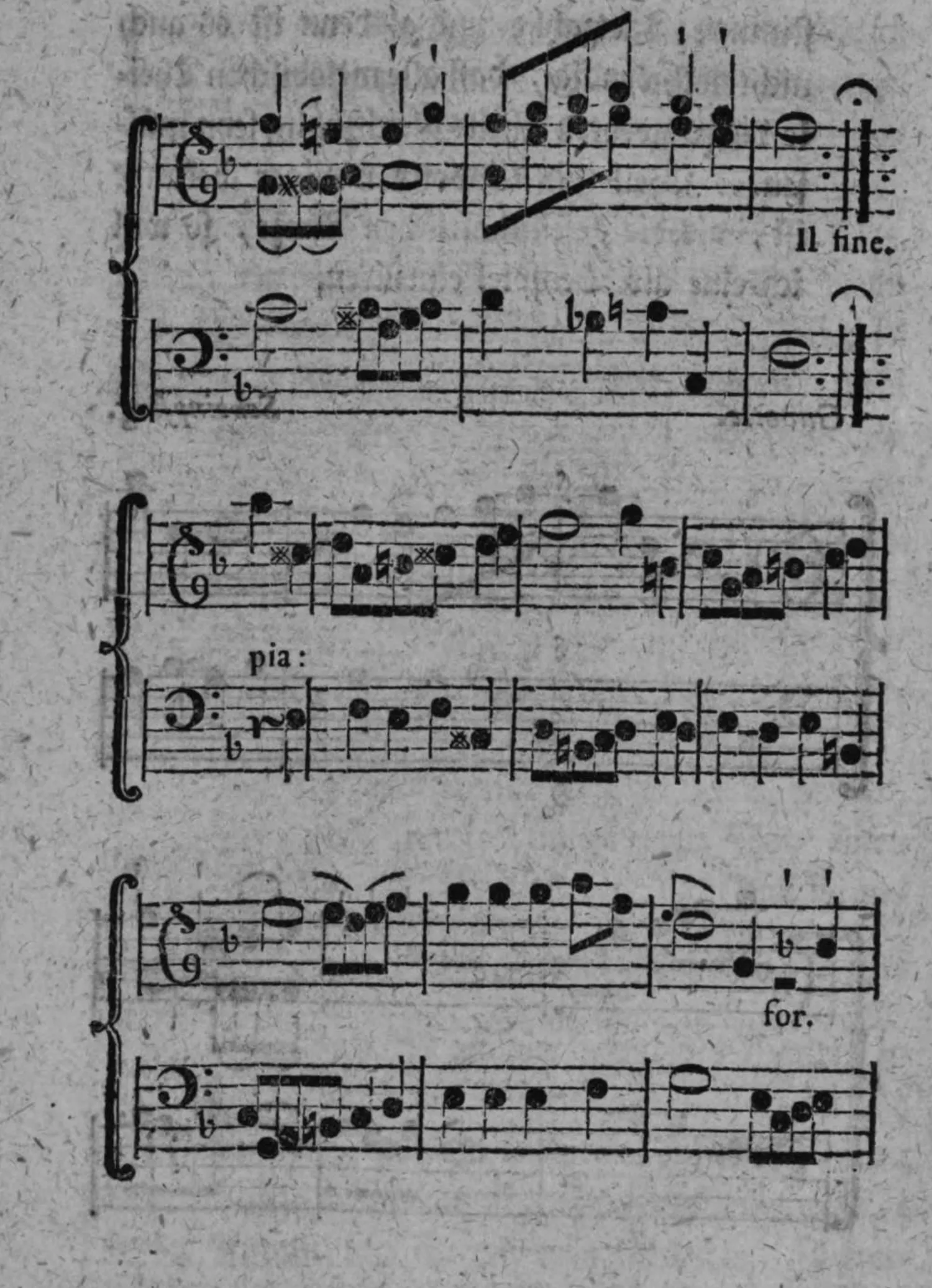 Notenbeyspiel: Fortsetzung der Gavotte von Scheinpflug, zweistimmig, drey weitere Periodenpaare (sechs Systeme), mit den Vortragsbezeichnungen »Il fine«, »pia:« (piano) und »for.« (forte)