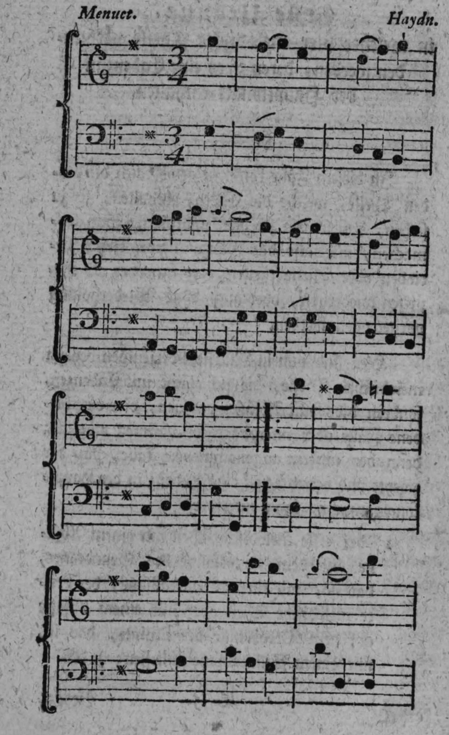Notenbeyspiel: »Menuet.« von Haydn, zweistimmig, acht Systeme (vier Periodenpaare, mit Wiederholungszeichen); Beyspiel zur Verbindung vierer melodischer Theile mit Grundabsazz im ersten und Quintabsazz im dritten Theil