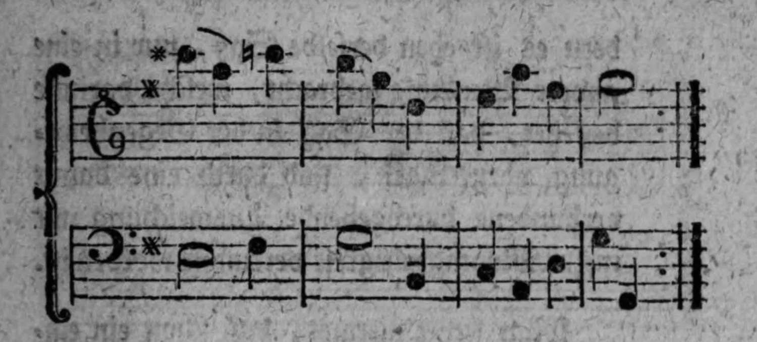 Notenbeyspiel: Fortsetzung/Schluß des Menuet-Beyspiels von Haydn, zweistimmig, ein weiteres System