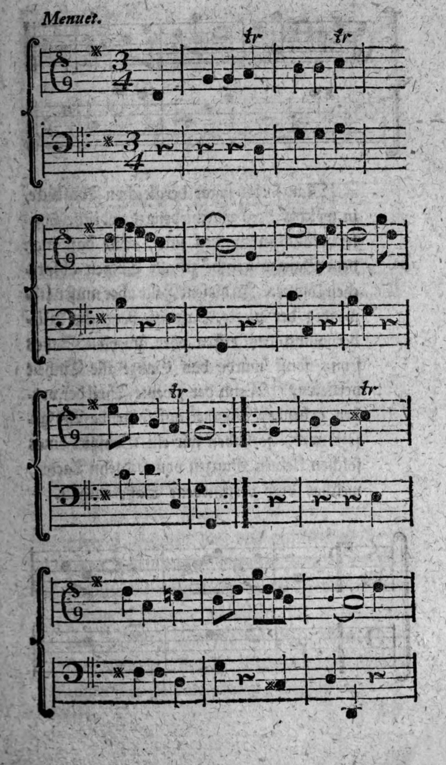 Notenbeyspiel: »Menuet.«, zweistimmig, acht Systeme (vier Periodenpaare, mit Wiederholungszeichen), mehrfach mit Trillern; Beyspiel für die Verbindung zweyer wirklich verschiedener melodischer Theile mit zwey durch Modification bzw. Wiederholung entstandenen weiteren Theilen