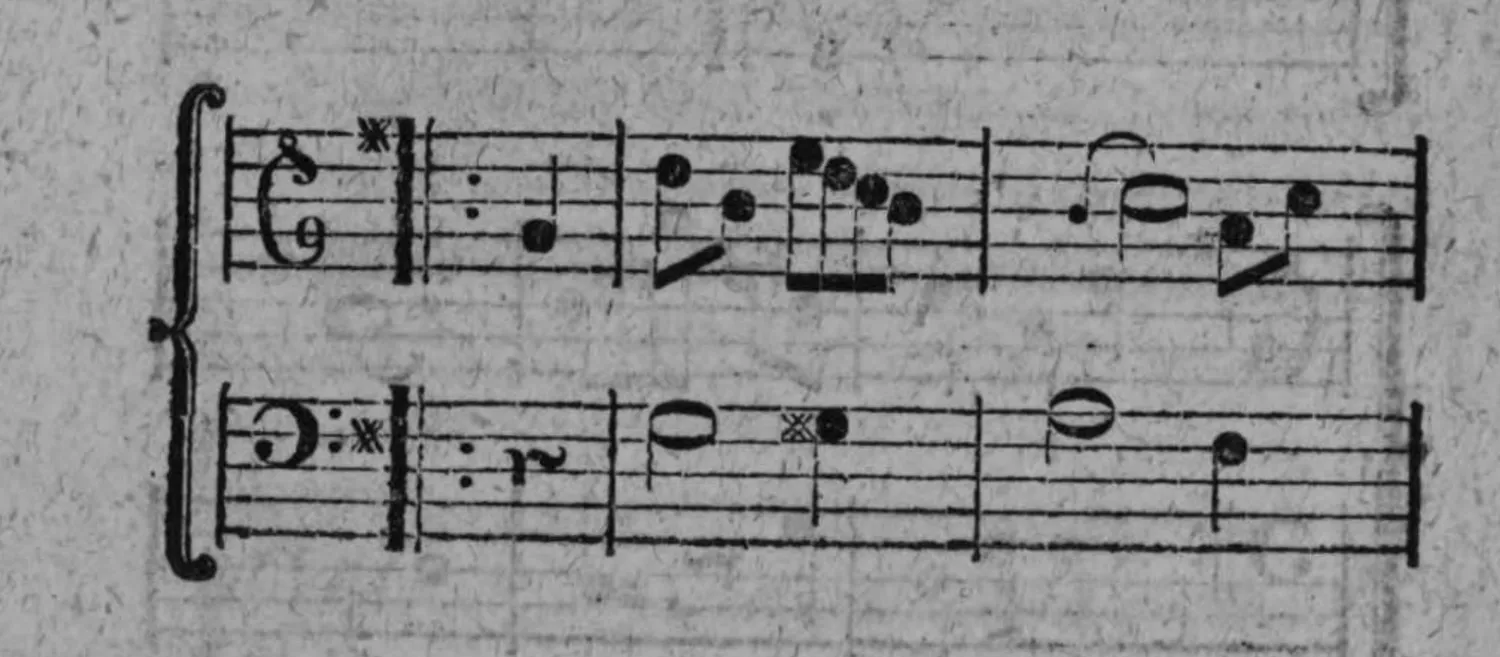 Notenbeyspiel: neues Menuet-Beyspiel (Fortsetzung folgt), zweistimmig, ein System mit Repetitionsstrich zu Beginn (Fortsetzung auf der folgenden Seite)