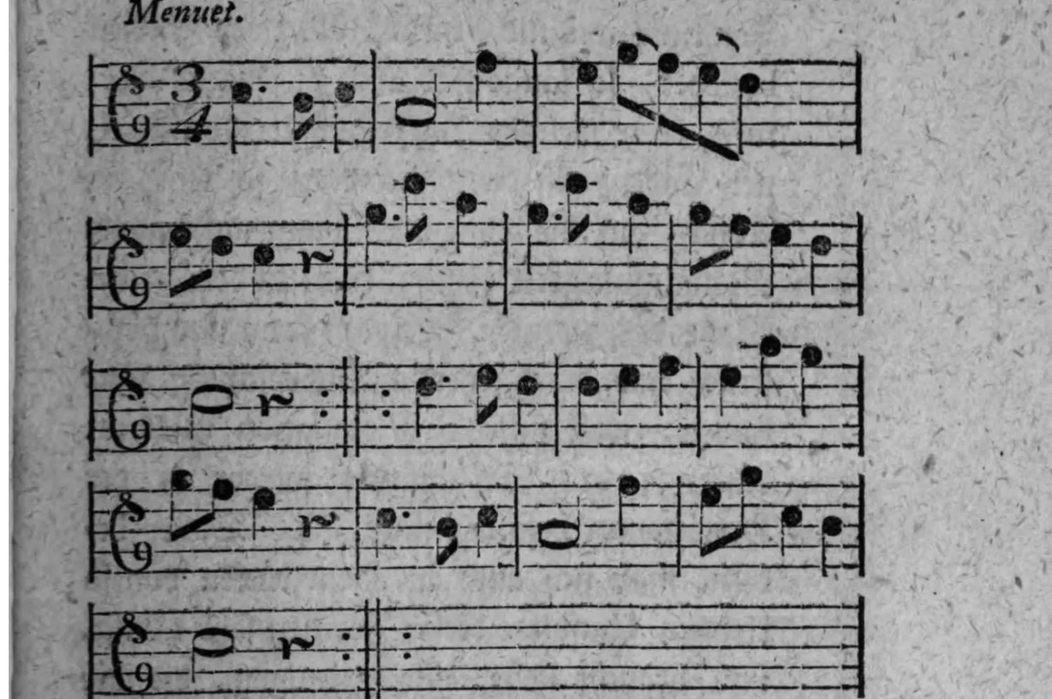Notenbeyspiel: »Menuet.«, einstimmig (nur Diskant), fünf Systeme; Beyspiel für die interpunctische Form, bey welcher sowohl der erste als auch der dritte melodische Theil mit einem Grundabsazz schließen