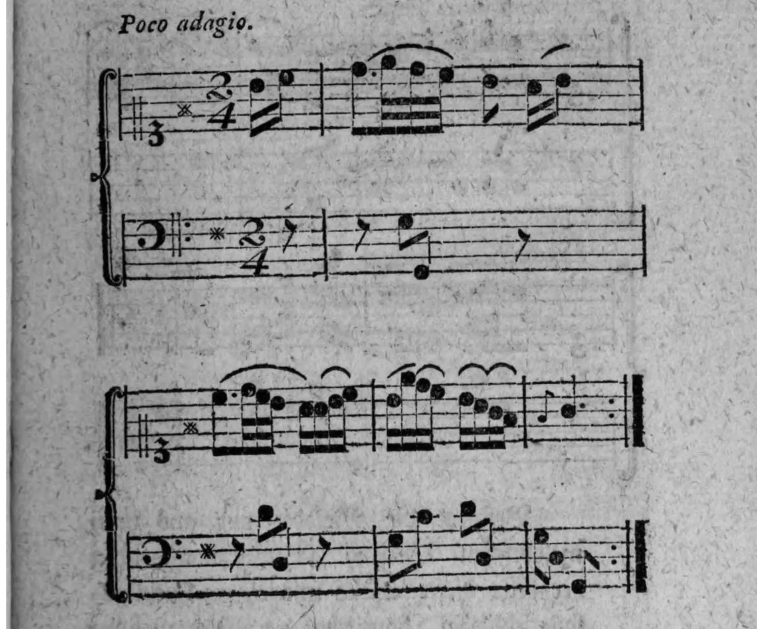 Notenbeyspiel: »Poco adagio.«, Ariette, zweistimmig, in vier Systemen (Diskant und Baß), vollständig mit Schlußstrich