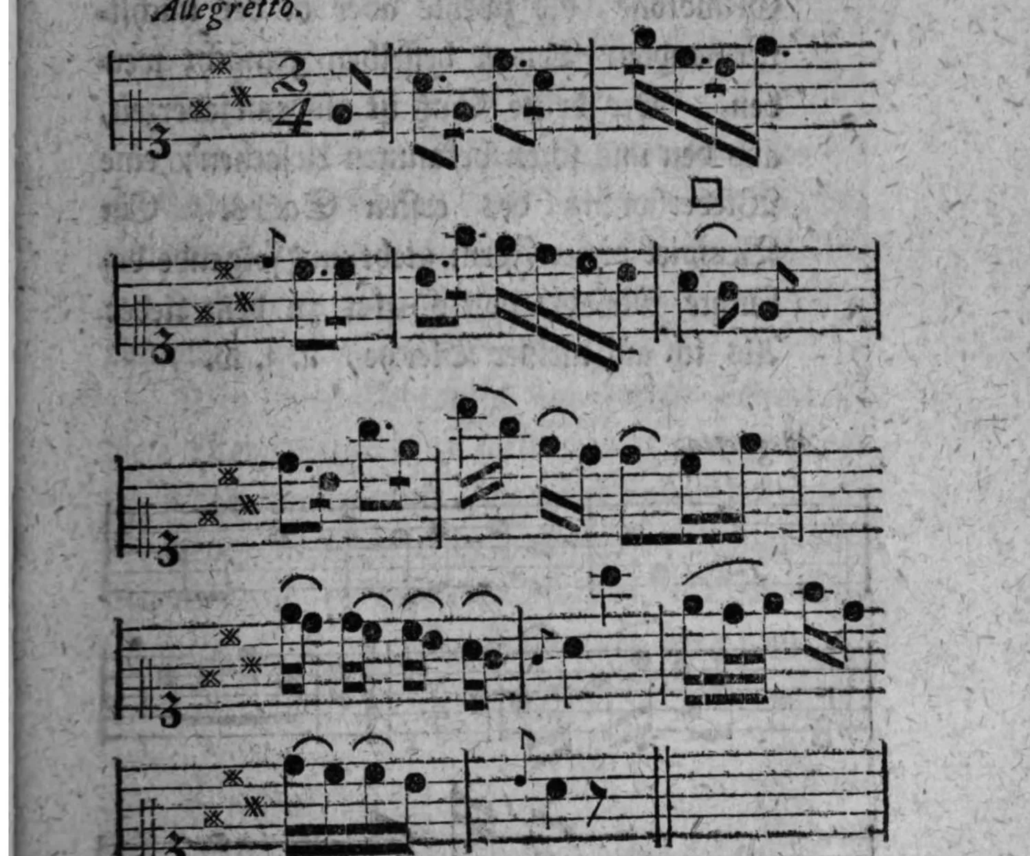Notenbeyspiel: »Allegretto.«, einstimmig (nur Diskant), 2/4-Takt, fünf Systeme, mit □-Zeichen (Absazz) nach dem ersten System