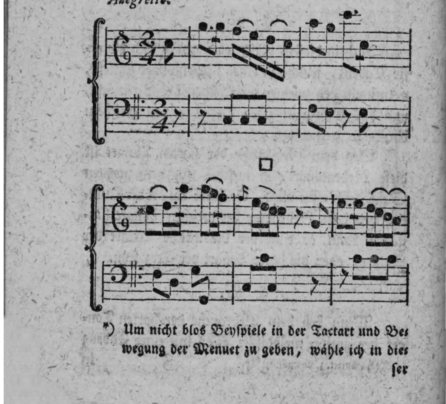 Notenbeyspiel: »Allegretto.«, zweistimmig (Diskant und Baß), 2/4-Takt, zwey Systeme, mit □-Zeichen (Absazz) nach dem ersten System