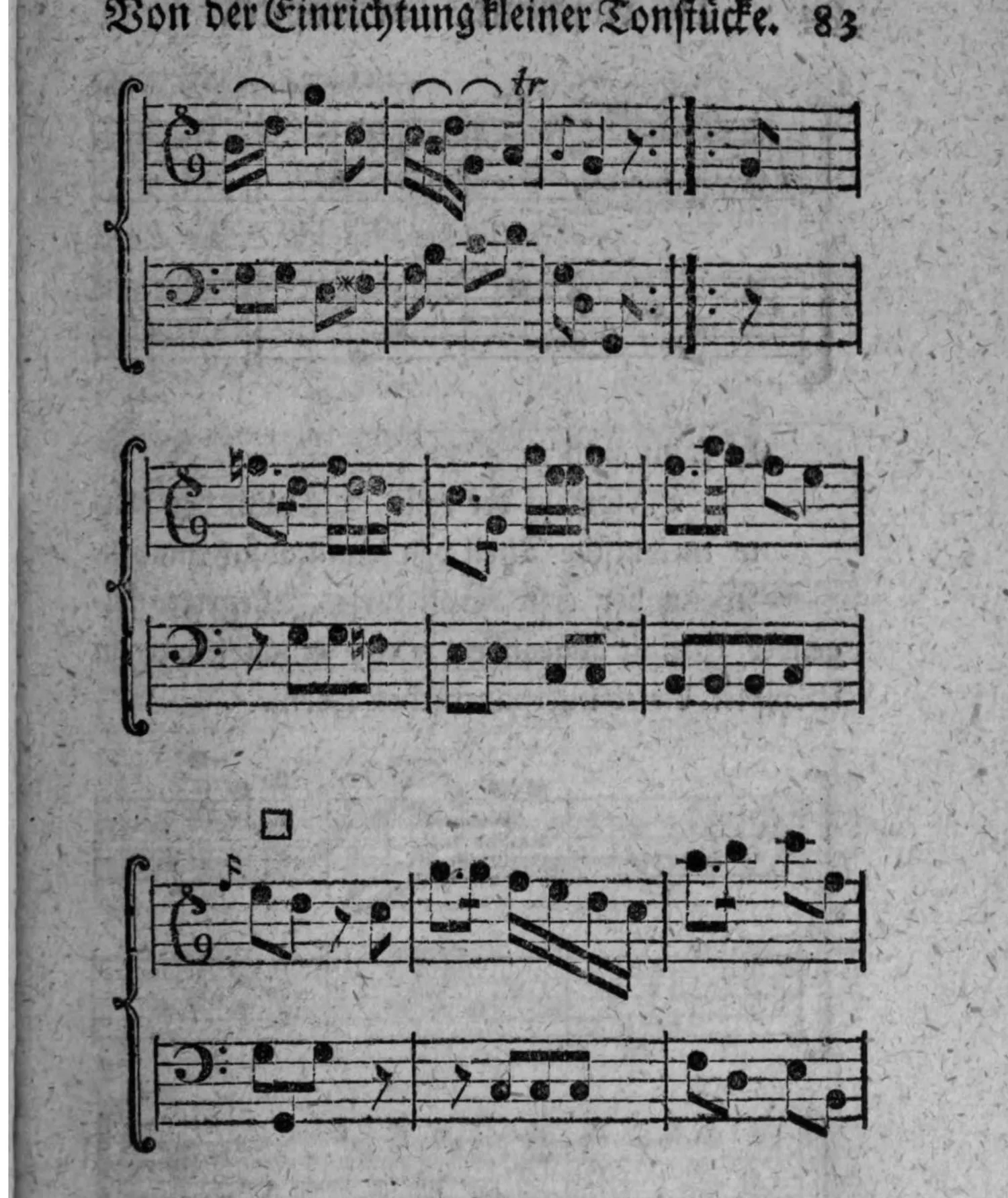 Notenbeyspiel: Fortsetzung des Menuet-Beyspiels, zweistimmig, drey weitere Systeme; das erste endet mit »tr« (Triller) und Doppelstrich, danach ein kurzer Schlußtakt; es folgt, durch ein □-Zeichen eingeleitet, ein weiteres zweistimmiges Beyspiel