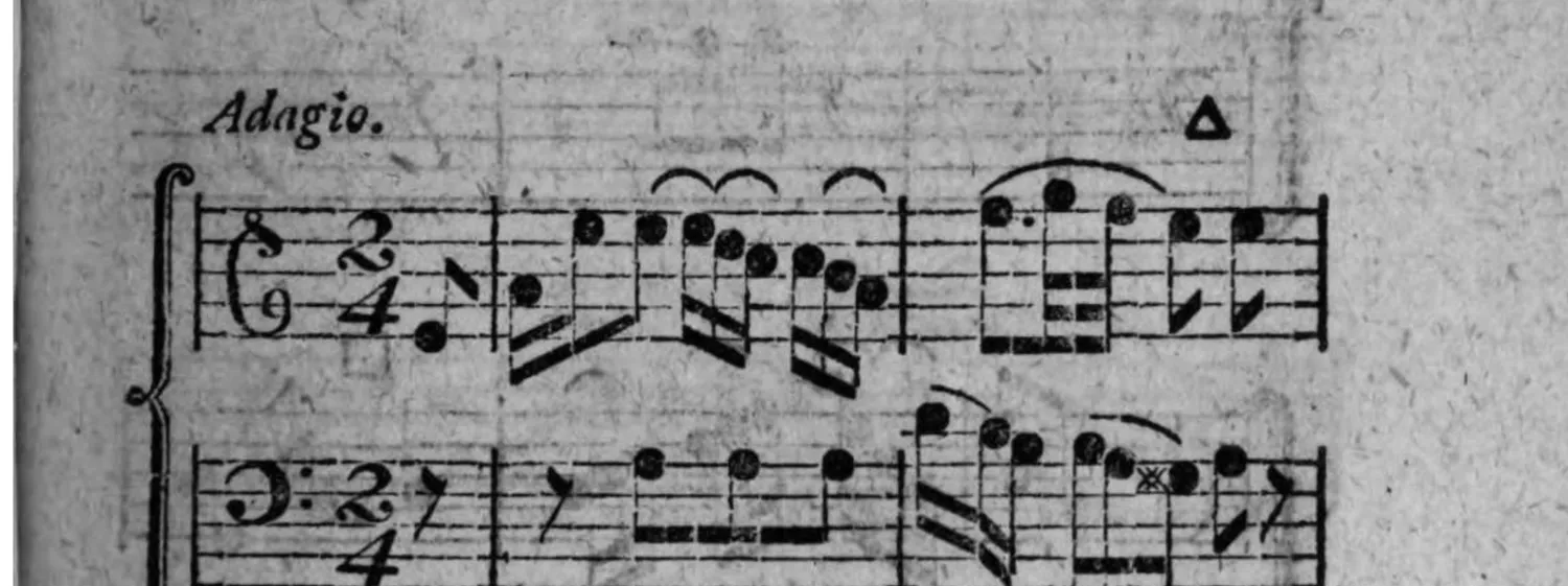 Notenbeyspiel: »Adagio.«, zweistimmig (Diskant und Baß), 2/4-Takt, zwey Systeme, mit △-Zeichen (Absazz) (Fortsetzung auf der nächsten Seite)