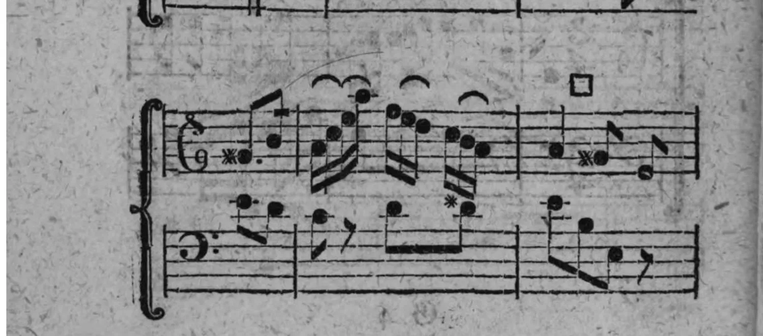 Notenbeyspiel: zweyte Form des Adagio, zweistimmig (Diskant und Baß), mit △-Zeichen (Absazz), zwey Systeme (Fortsetzung auf der nächsten Seite)
