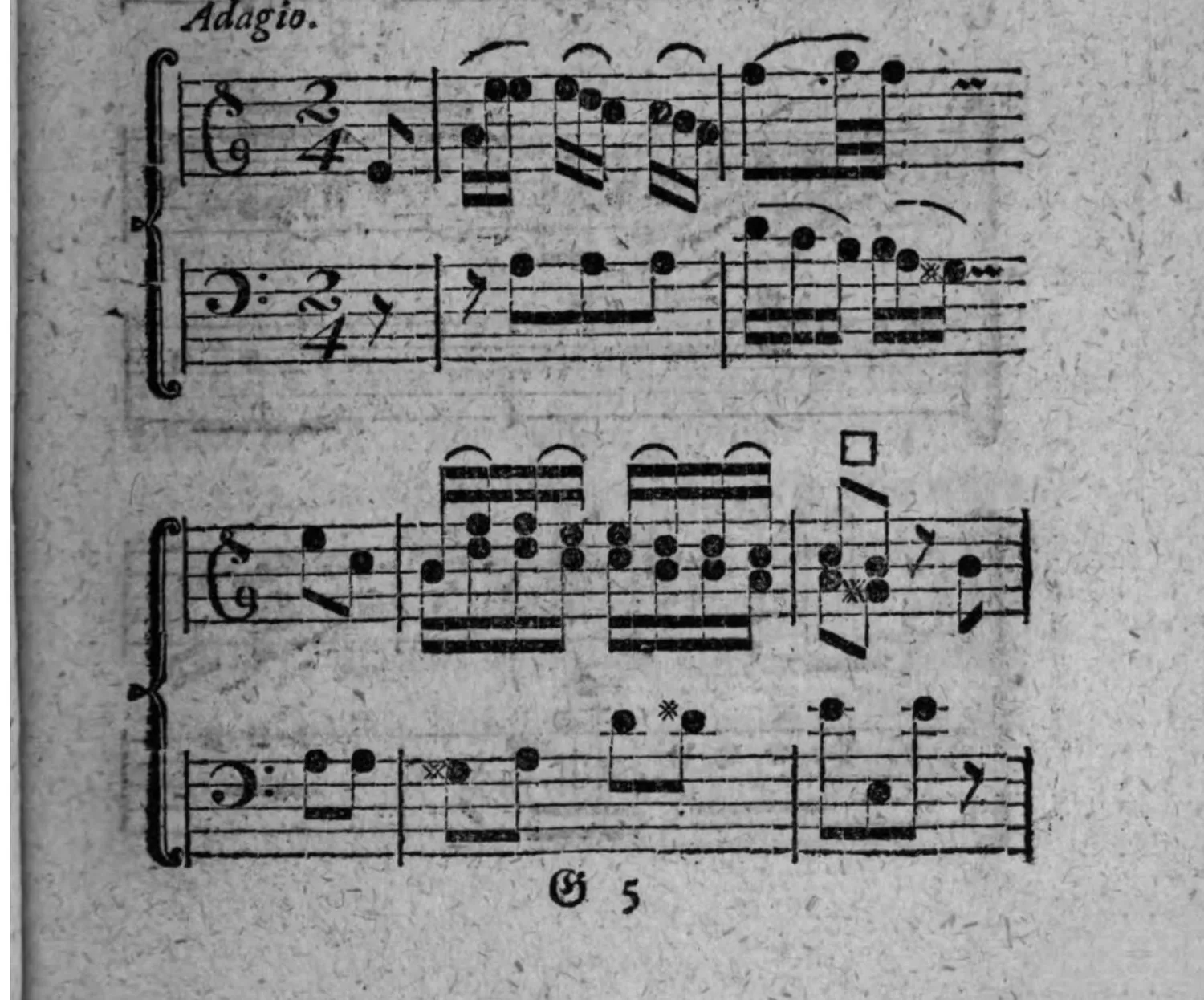 Notenbeyspiel: »Adagio.«, zweistimmig (Diskant und Baß), 2/4-Takt, vier Systeme (Fortsetzung auf der nächsten Seite)