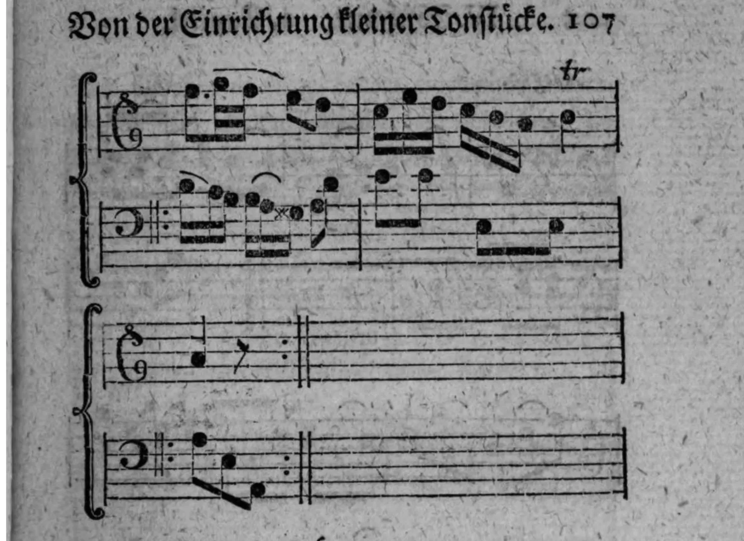 Notenbeyspiel: Schluß des Adagio (Fortsetzung), erstes Systempaar mit »tr« (Triller), zweytes (kurzes) Systempaar mit Wiederholungszeichen beidseitig (wiederholter Schlußsazz)