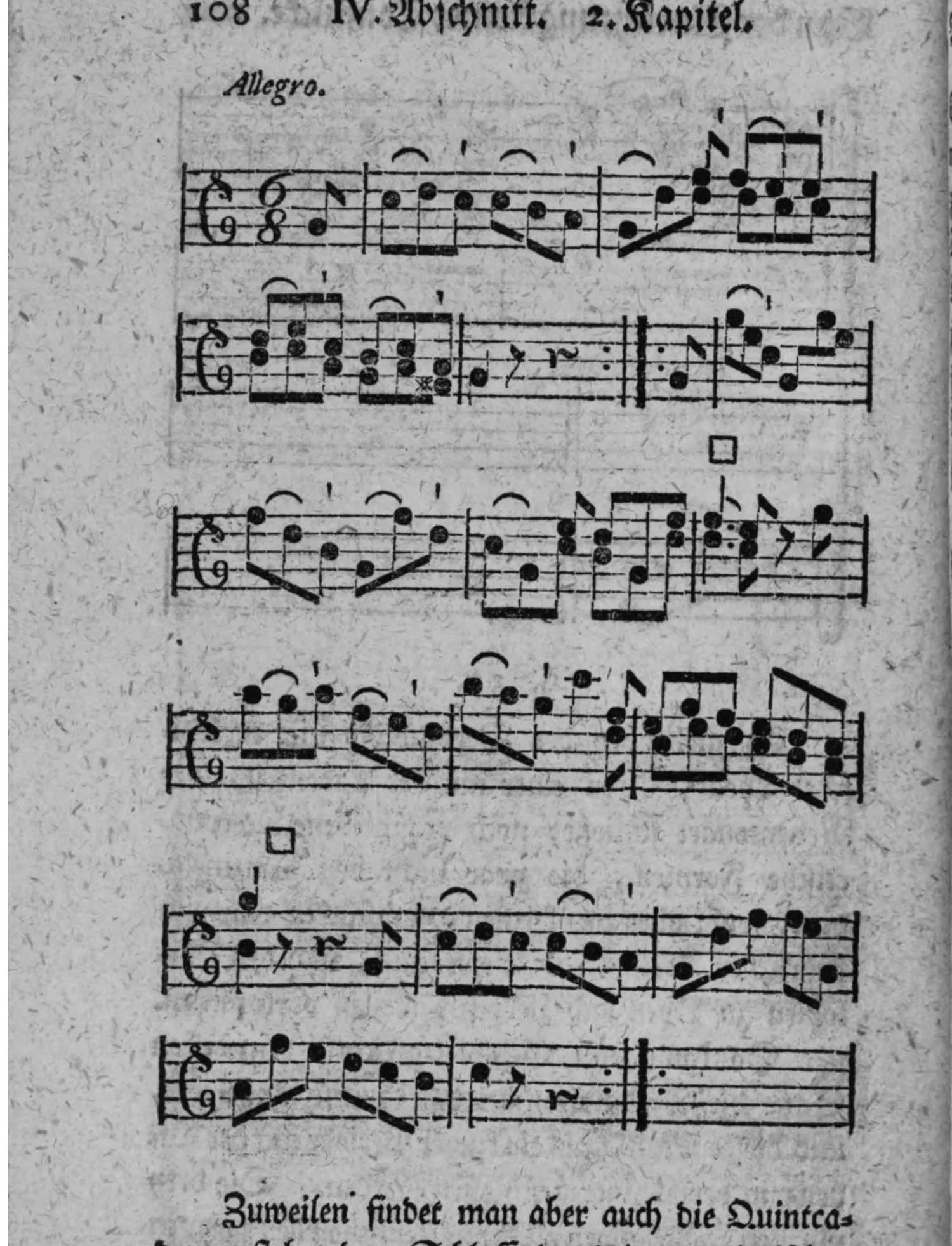 Notenbeyspiel: »Allegro.«, 6/8-Takt, einstimmige Melodie, sechs Systeme, mit □-Zeichen (Einschnitt) nach dem zweyten und vierten System, Wiederholungszeichen am Schluß