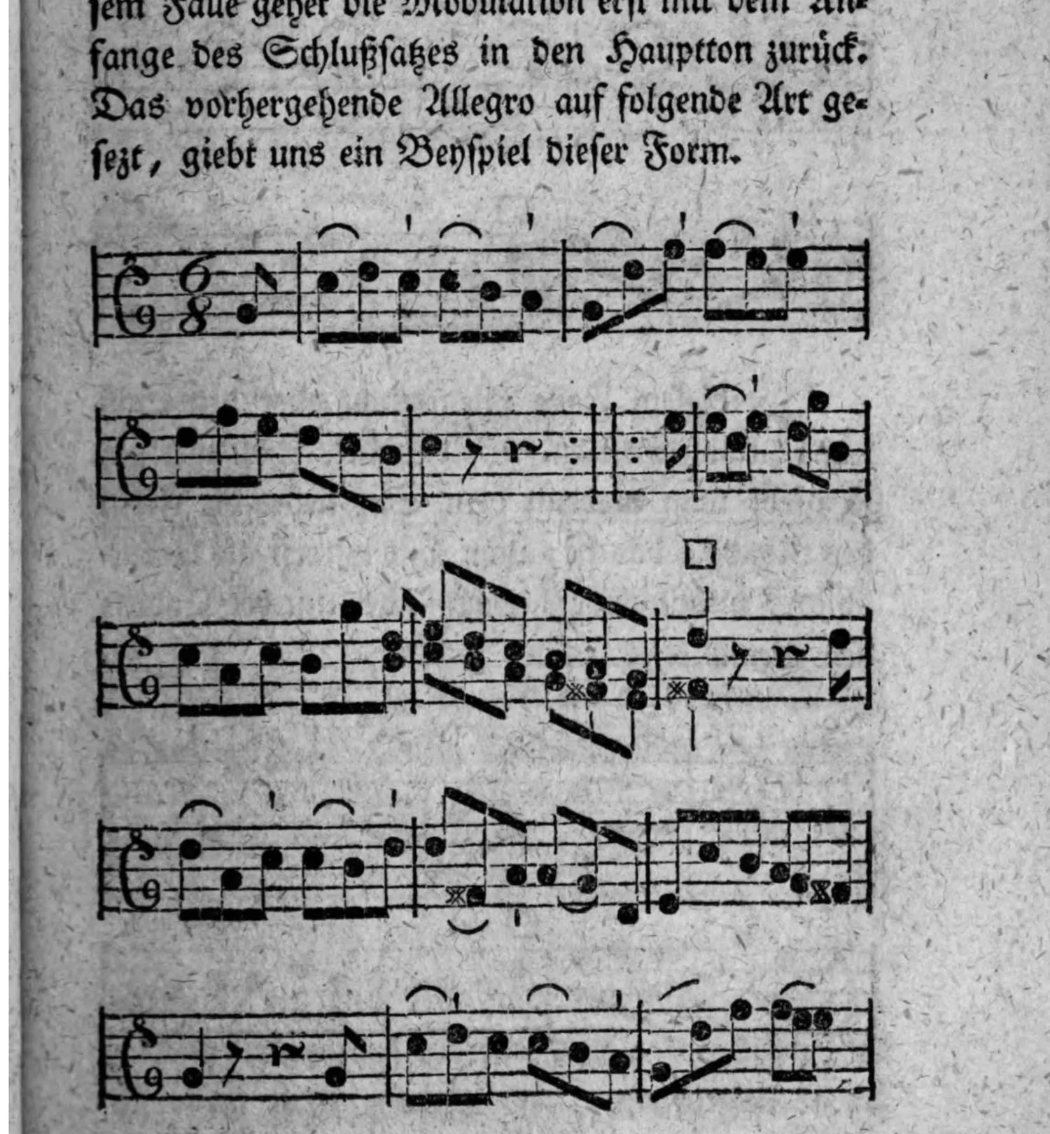 Notenbeyspiel: dieselbe Allegro-Melodie, anders periodisirt, einstimmige Melodie, fünf Systeme, mit □-Zeichen (Einschnitt) nach dem dritten System