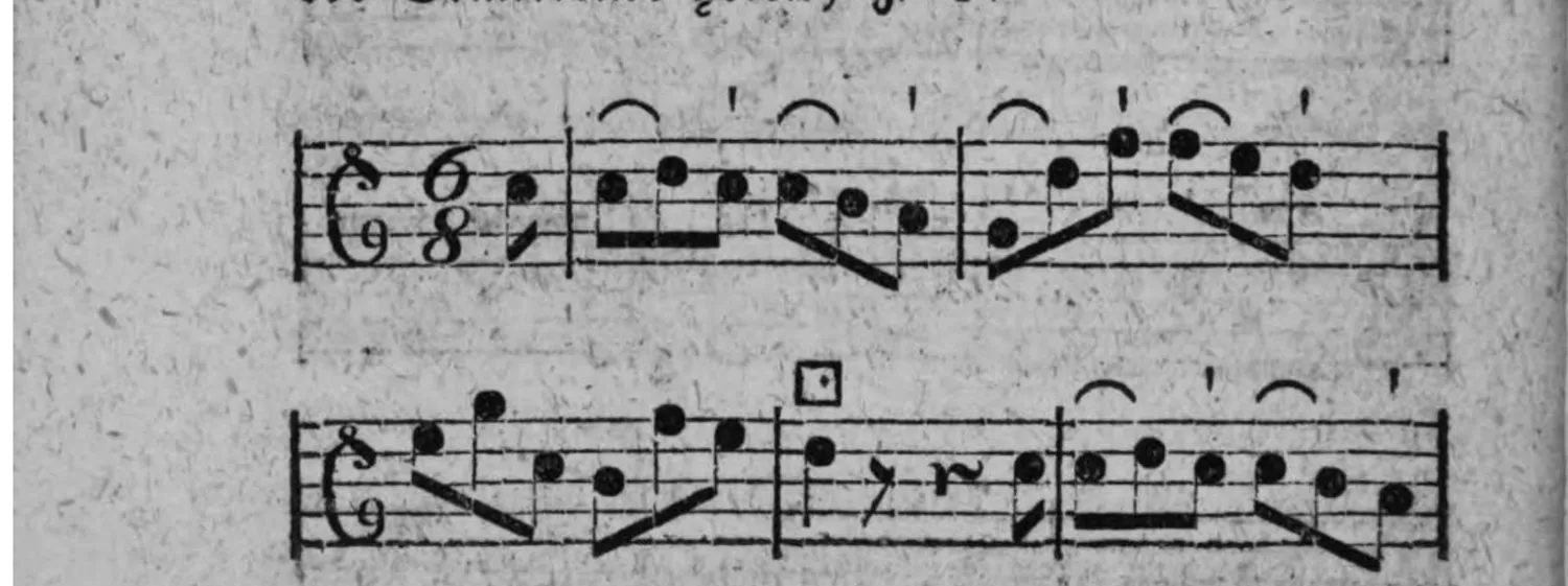 Notenbeyspiel: einstimmige Melodie, 6/8-Takt, vier Systeme, mit □-Zeichen (Einschnitt) nach dem zweyten System