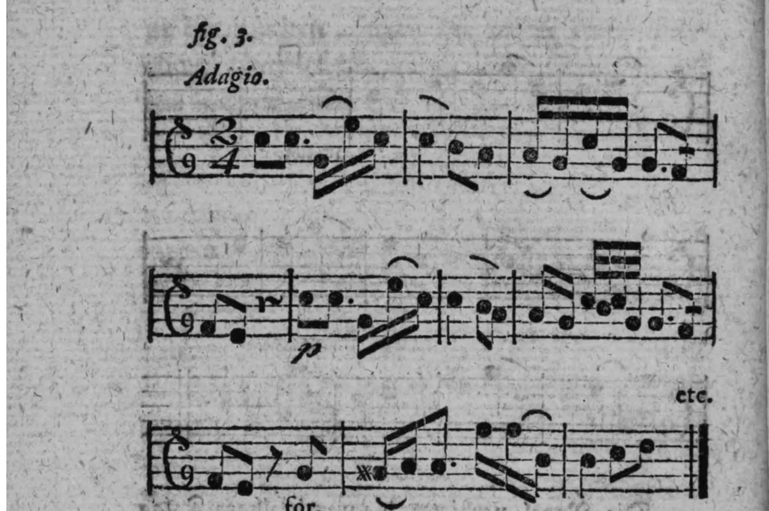 Notenbeyspiel: »Adagio.«, 2/4-Takt, drey Systeme, mit »p« und »for.« (forte) Dynamikbezeichnungen, endet mit »etc.«