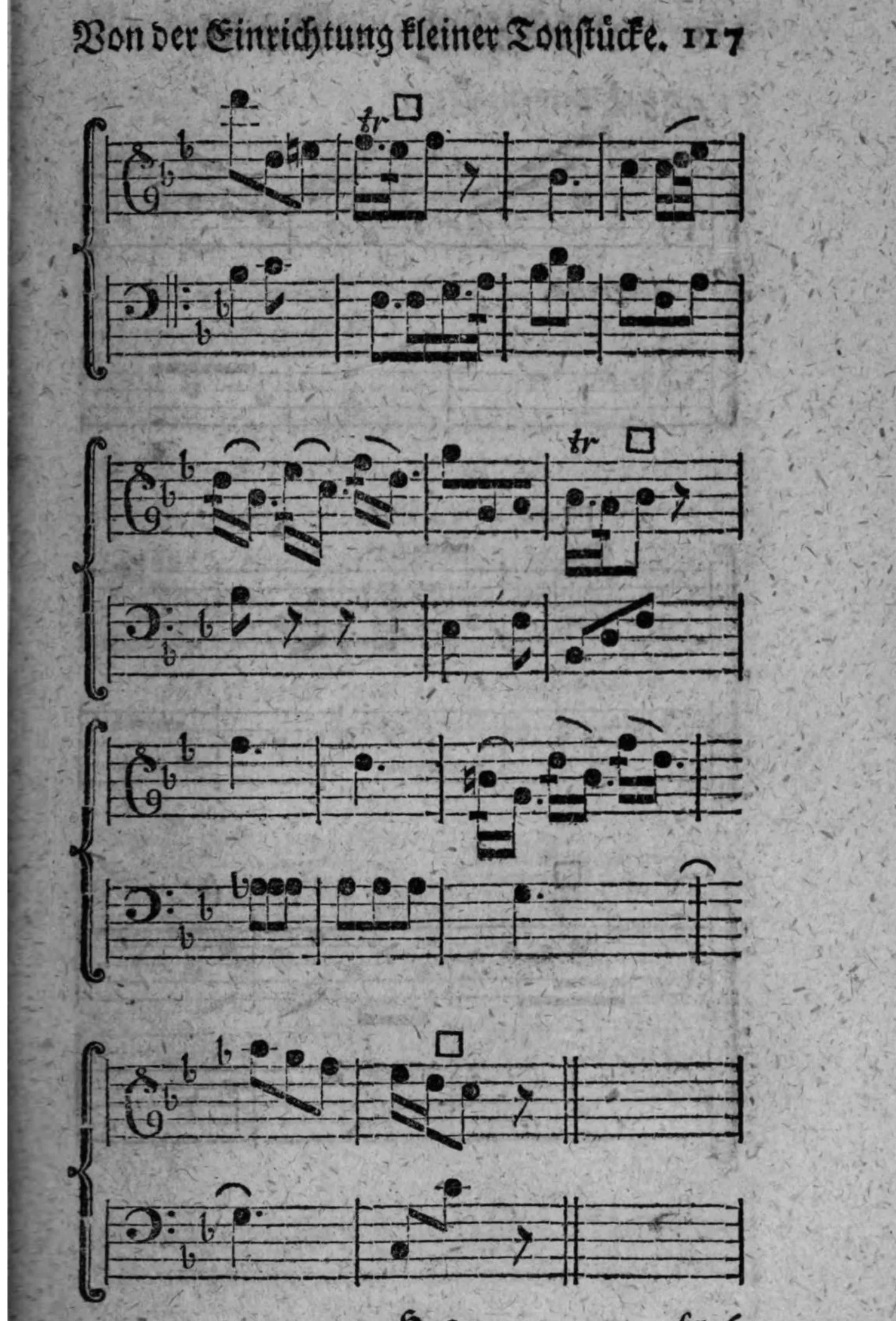 Notenbeyspiel: Fortsetzung von fig. 5, zweistimmig (Diskant und Baß), acht Systeme (vier Systempaare), mit »tr« (Triller) und □-Zeichen (Einschnitt) zweymal, endet mit Doppelstrich