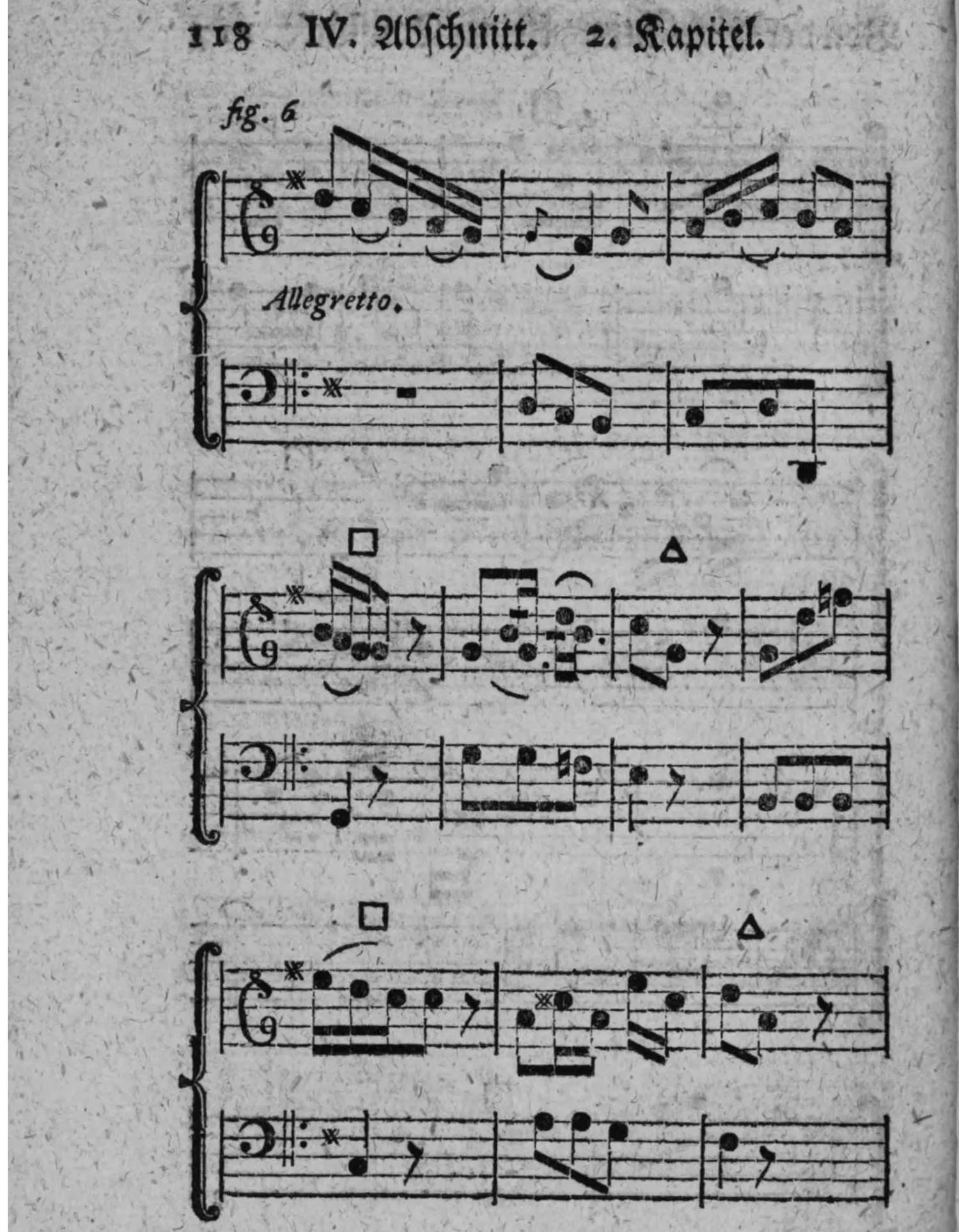 Notenbeyspiel: »Allegretto.«, zweistimmig (Diskant und Baß), sechs Systeme (drey Systempaare), mit □-Zeichen (Einschnitt) und △-Zeichen (Absazz) zweymal