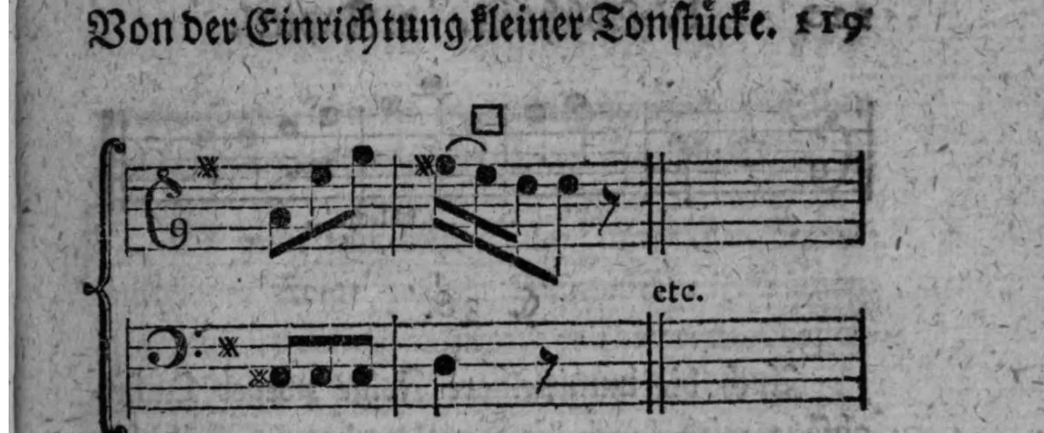 Notenbeyspiel: Schluß von fig. 6, zweistimmig, zwey Systeme, mit □-Zeichen (Einschnitt) und »etc.« am Schluß
