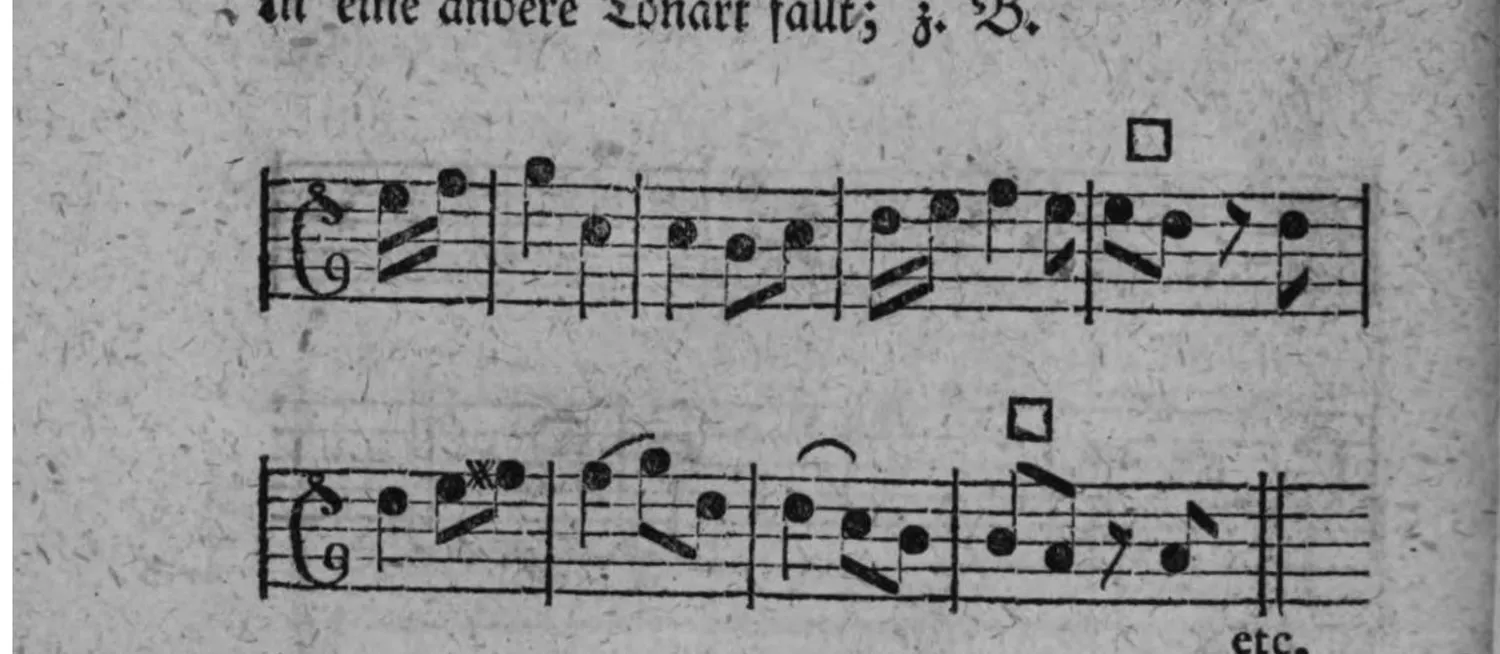 Notenbeyspiel: zwey einstimmige Systeme, jedes mit □-Zeichen (Einschnitt), das zweyte endet mit »etc.«