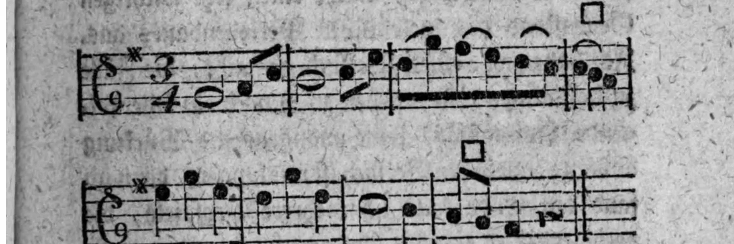 Notenbeyspiel: zwey einstimmige Systeme, 3/4-Takt, jedes mit □-Zeichen (Einschnitt) am Schluß