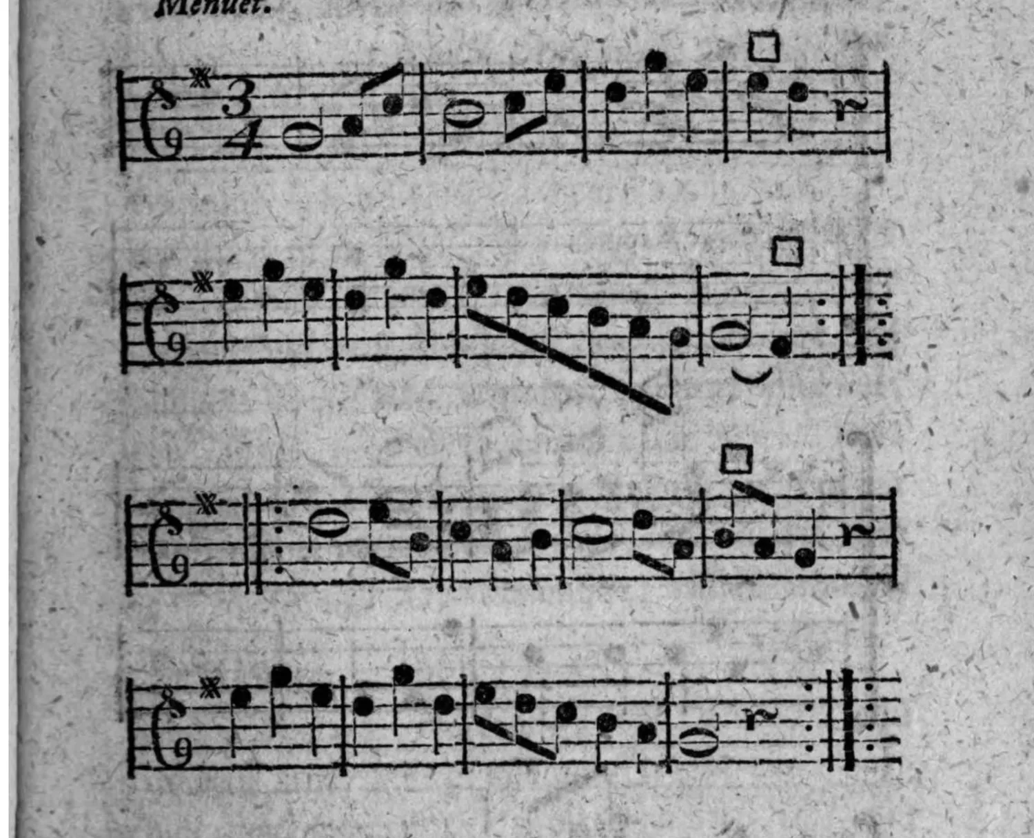 Notenbeyspiel: »Menuet.«, 3/4-Takt, einstimmige Melodie, zwey Reprisen (acht Systeme dargestellt in vier Zeilen), mit □-Zeichen (Einschnitt) mehrfach und Wiederholungszeichen