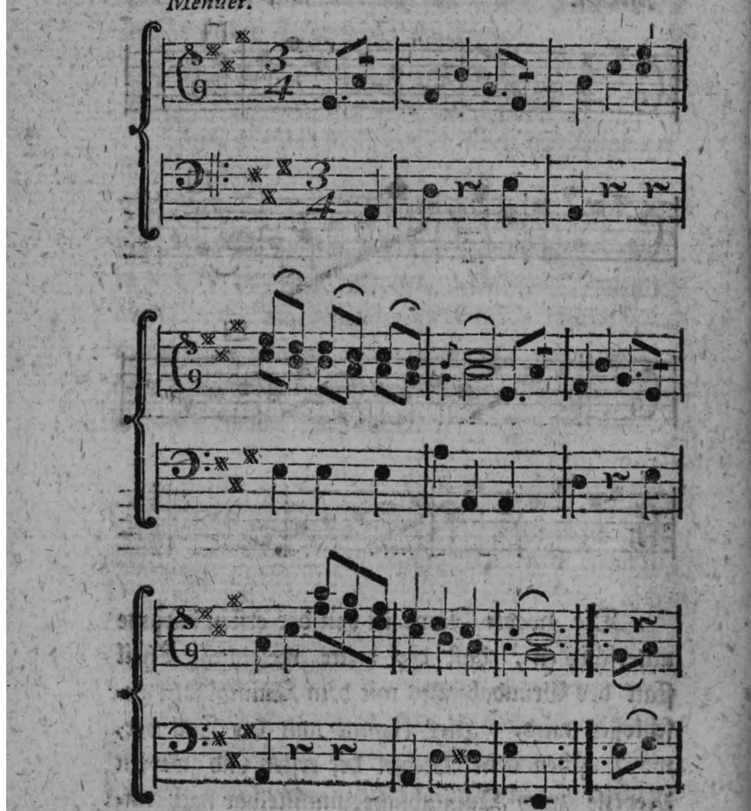 Notenbeyspiel: »Menuet.« von Haydn, zweistimmig (Diskant und Baß), 3/4-Takt, drey Kreuze Vorzeichnung, sechs Systeme (drey Systempaare), endet mit Wiederholungszeichen (Fortsetzung auf der nächsten Seite)