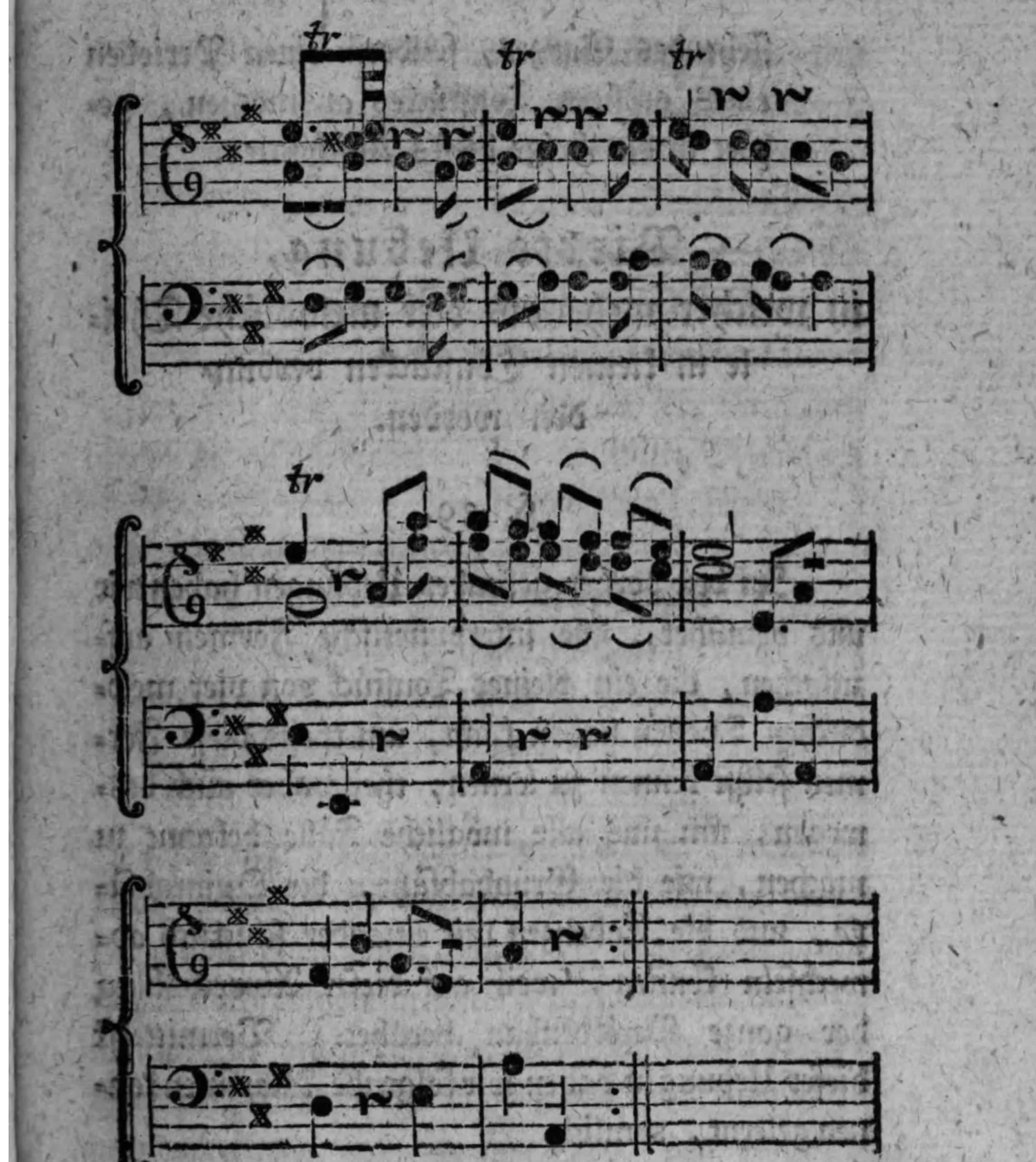 Notenbeyspiel: Fortsetzung und Schluß der Menuet von Haydn, zweistimmig, sechs weitere Systeme (drey Systempaare), mehrfach »tr« (Triller), endet mit Wiederholungszeichen