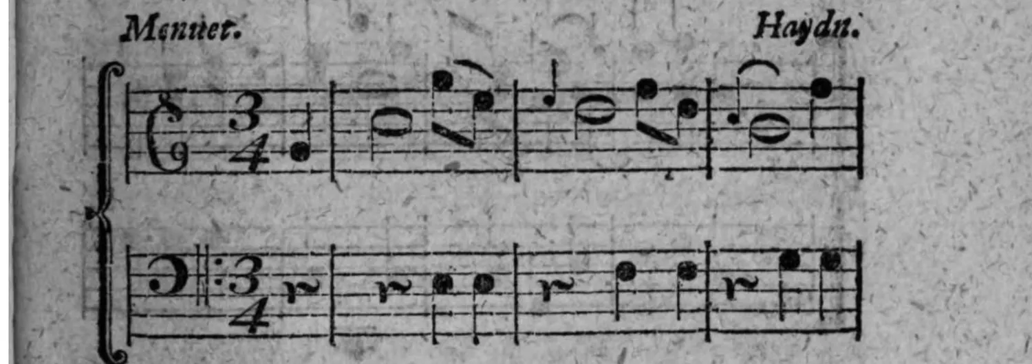 Notenbeyspiel: »Menuet.« von Haydn, zweistimmig (Diskant und Baß), 3/4-Takt, vier Systeme (zwey Systempaare)