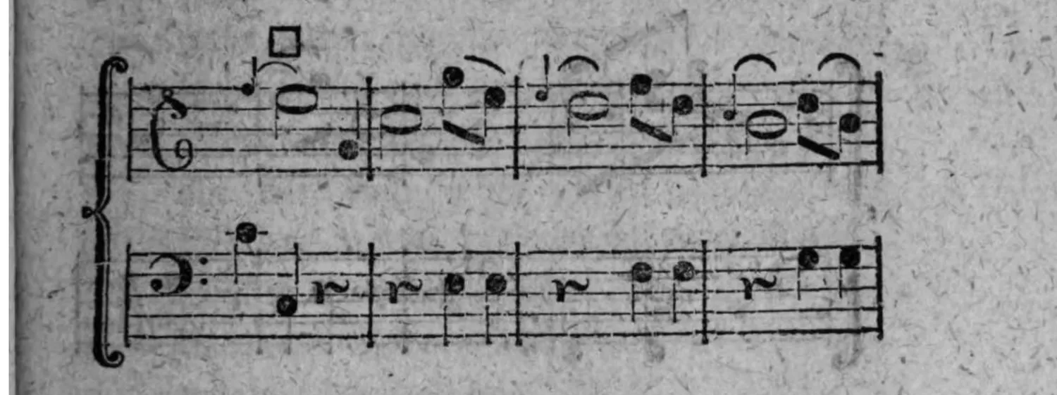 Notenbeyspiel: Fortsetzung derselben Menuet, vier weitere Systeme (zwey Systempaare), mit □-Zeichen (Einschnitt)