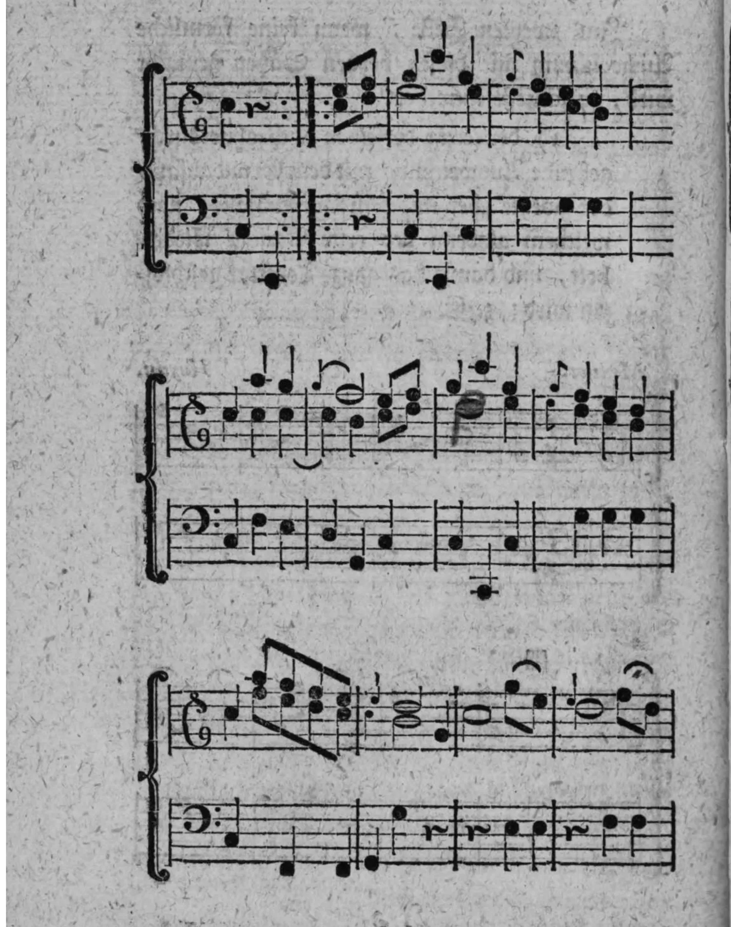 Notenbeyspiel: Fortsetzung derselben Menuet von Haydn, zweistimmig (Diskant und Baß), sechs weitere Systeme (drey Systempaare)