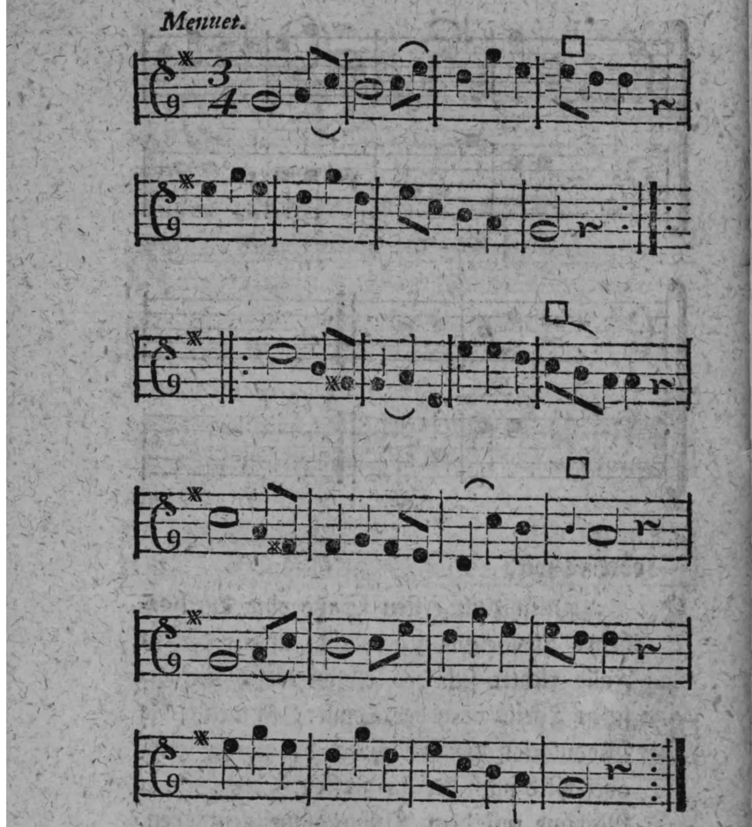 Notenbeyspiel: »Menuet.«, einstimmige Melodie, 3/4-Takt, drey Kreuze Vorzeichnung, sechs Systeme, mit □-Zeichen (Einschnitt) mehrfach und Wiederholungszeichen (zwey Reprisen)