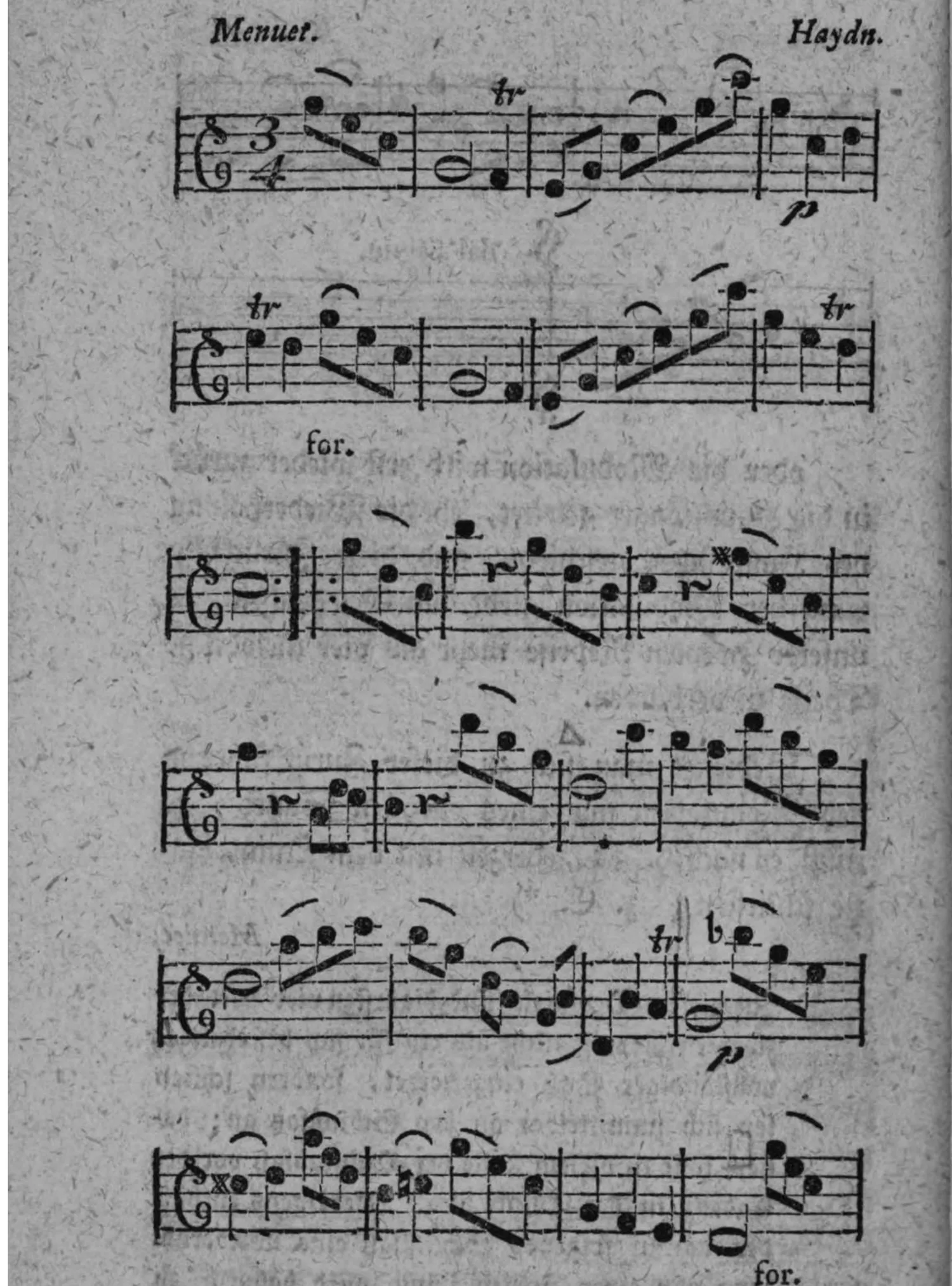 Notenbeyspiel: »Menuet.« von Haydn, einstimmige Melodie, 3/4-Takt, sechs Systeme, mehrfach »tr« (Triller), »for.« (forte) und »p« (piano) Dynamikbezeichnungen, Wiederholungszeichen