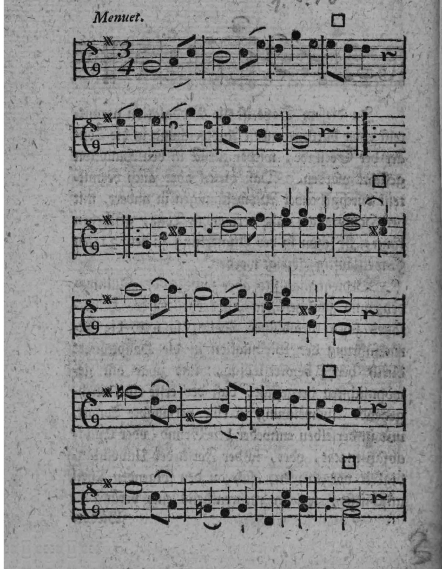 Notenbeyspiel: »Menuet.«, einstimmige Melodie, 3/4-Takt, drey Kreuze Vorzeichnung, sechs Systeme, mit □-Zeichen (Einschnitt) mehrfach, Wiederholungszeichen
