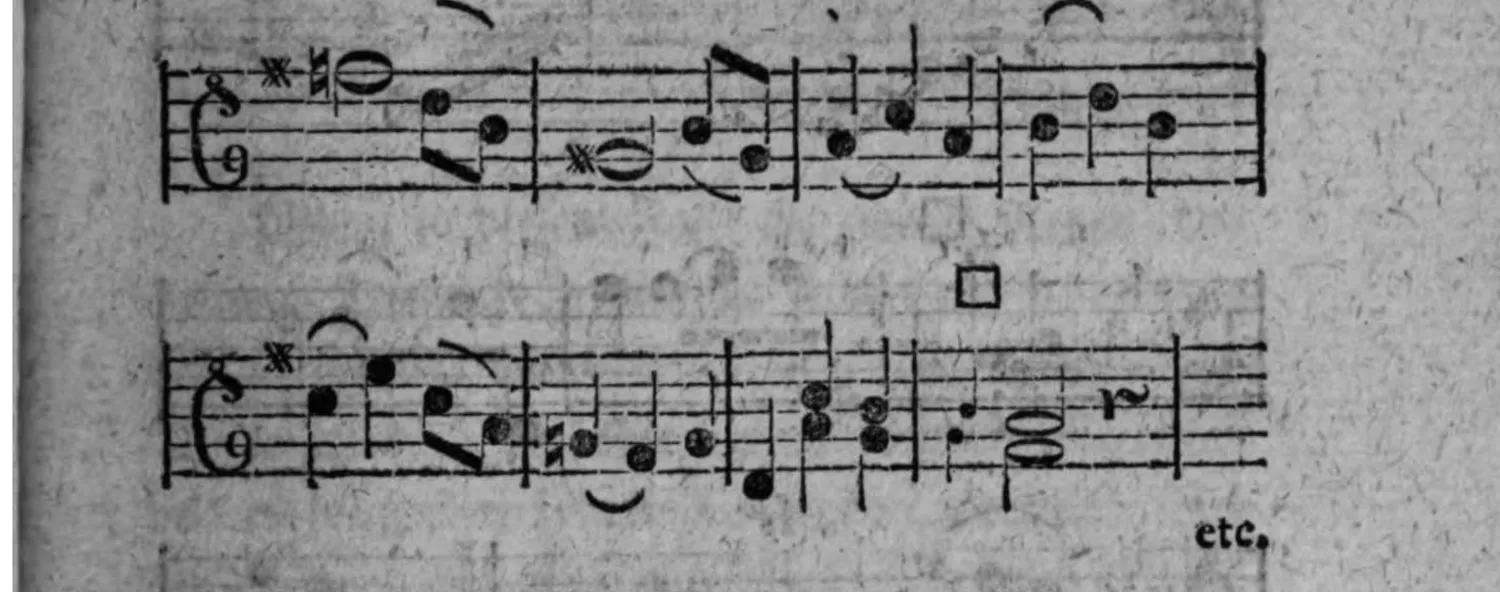 Notenbeyspiel: einstimmige Melodie, zwey Systeme, mit □-Zeichen (Einschnitt), endet mit »etc.«