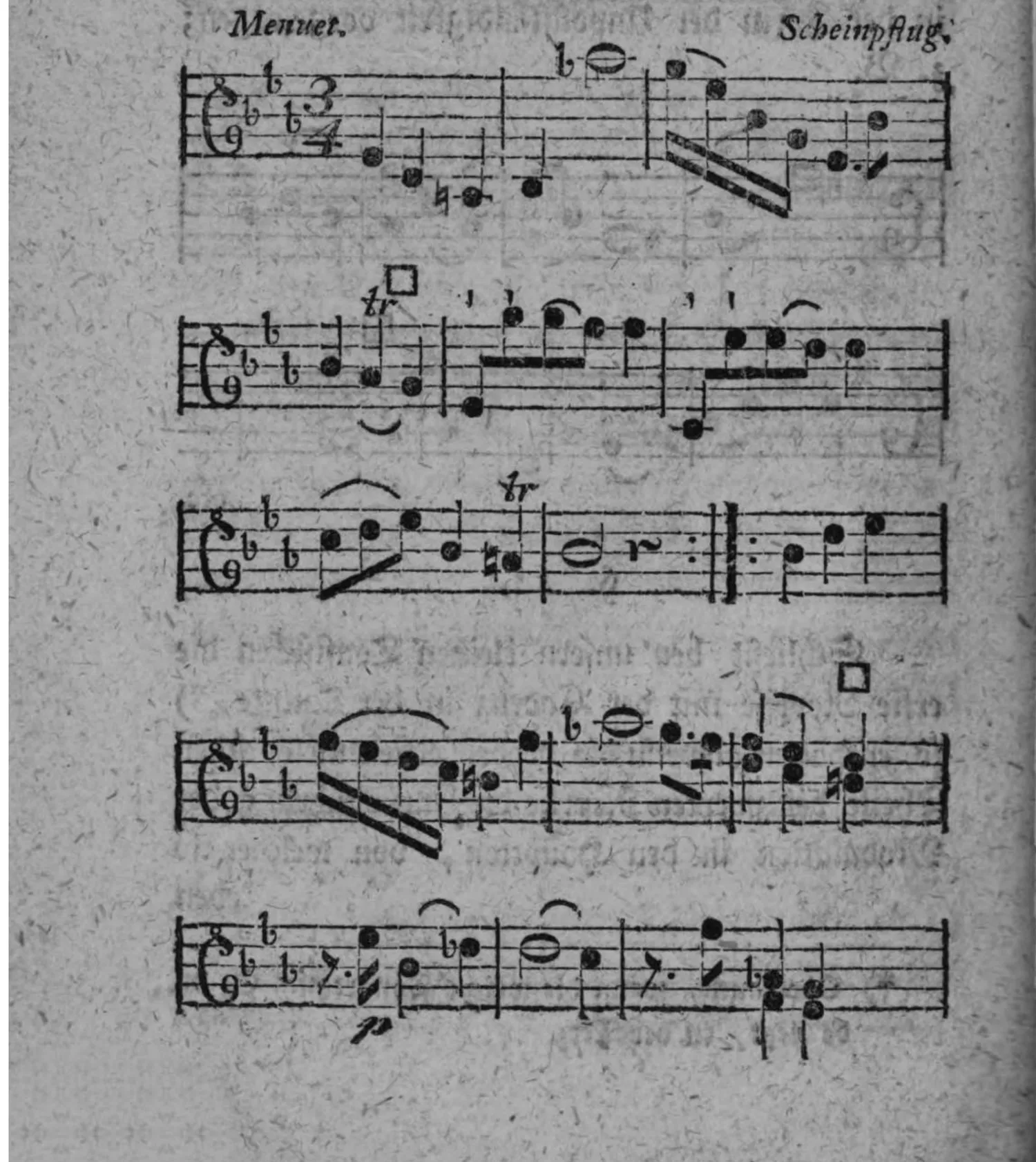 Notenbeyspiel: »Menuet.« von Scheinpflug, einstimmige Melodie, 3/4-Takt, zwey B Vorzeichnung, fünf Systeme, mit »tr« (Triller), □-Zeichen (Einschnitt) und »p« (piano), Wiederholungszeichen