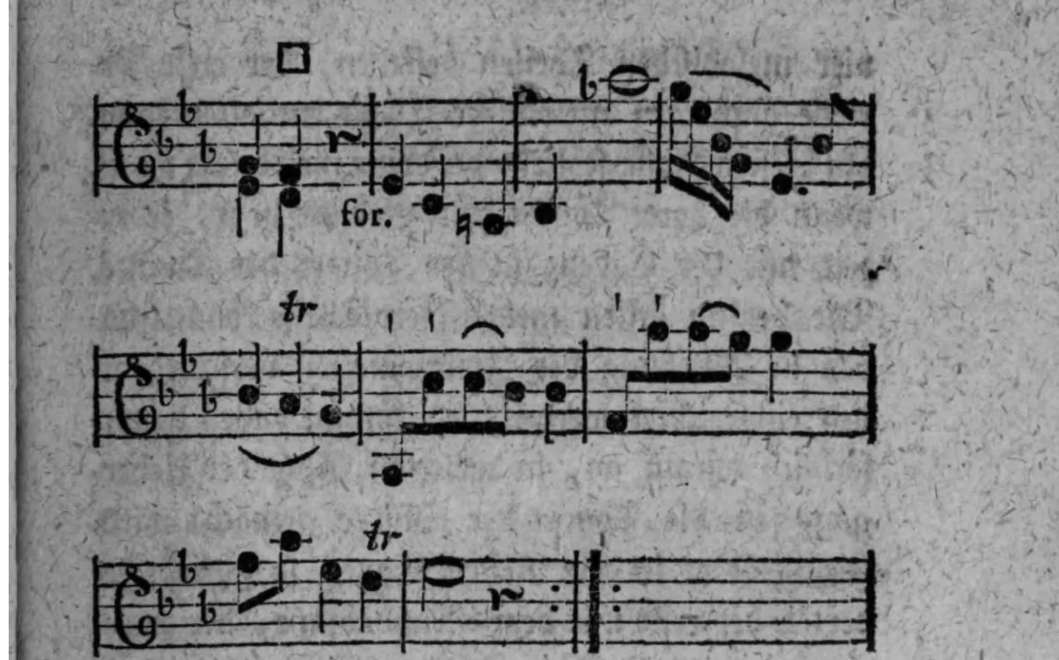 Notenbeyspiel: Fortsetzung und Schluß derselben Menuet, drey weitere Systeme, mit □-Zeichen (Einschnitt), »for.« (forte) und »tr« (Triller), endet mit Wiederholungszeichen