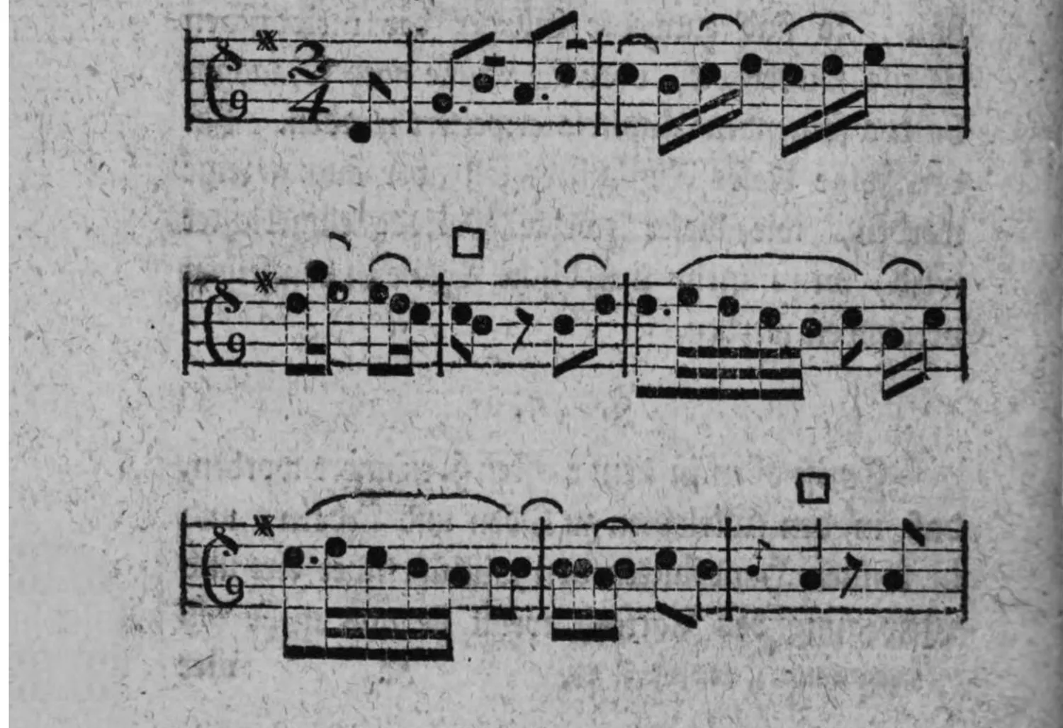 Notenbeyspiel: »Poco andante.«, einstimmige Melodie, 2/4-Takt, drey Kreuze Vorzeichnung, drey Systeme, mit □-Zeichen (Einschnitt) zweymal (Fortsetzung auf der nächsten Seite)