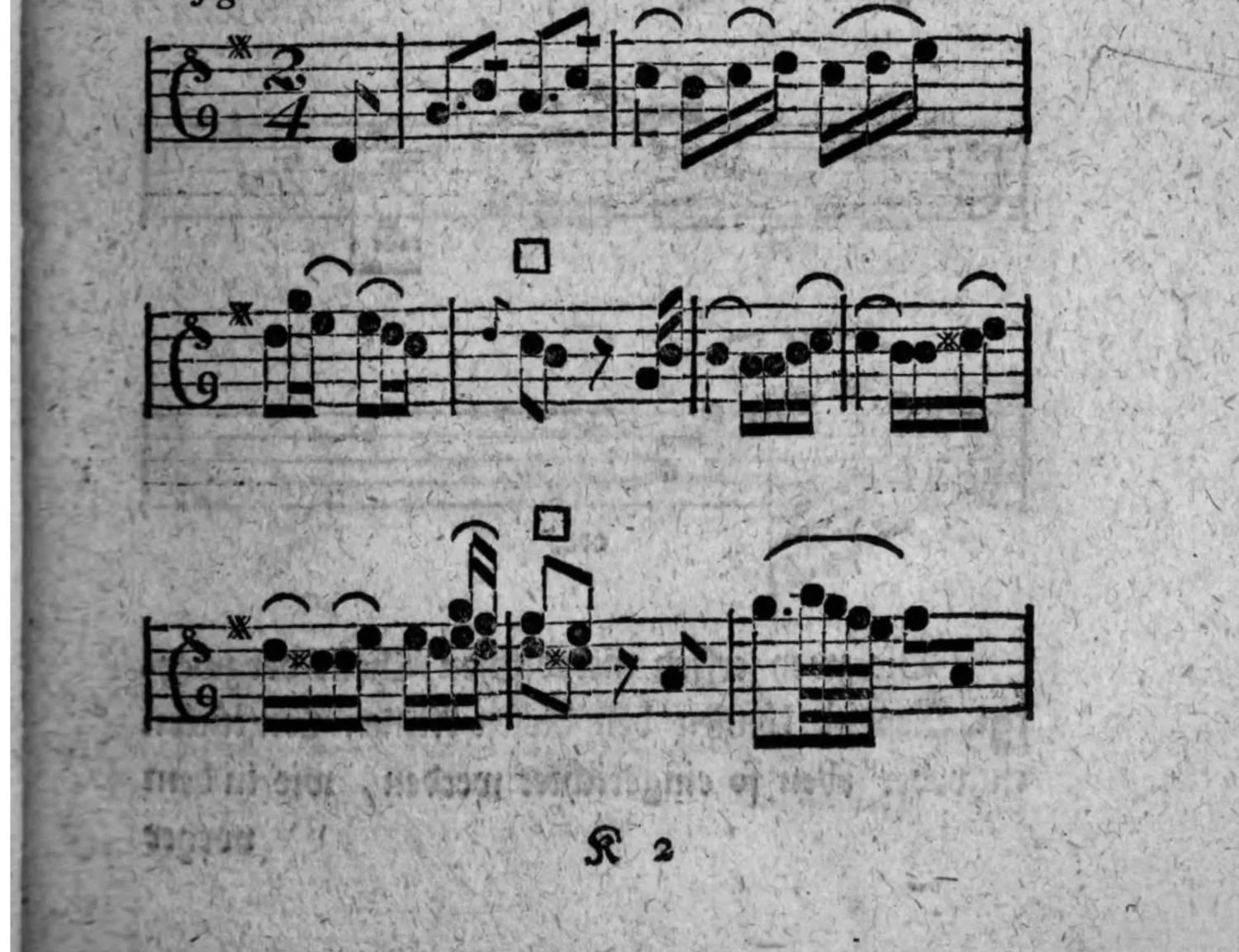 Notenbeyspiel: fig. 1, einstimmige Melodie, 2/4-Takt, drey Kreuze Vorzeichnung, drey Systeme, mit □-Zeichen (Einschnitt) zweymal