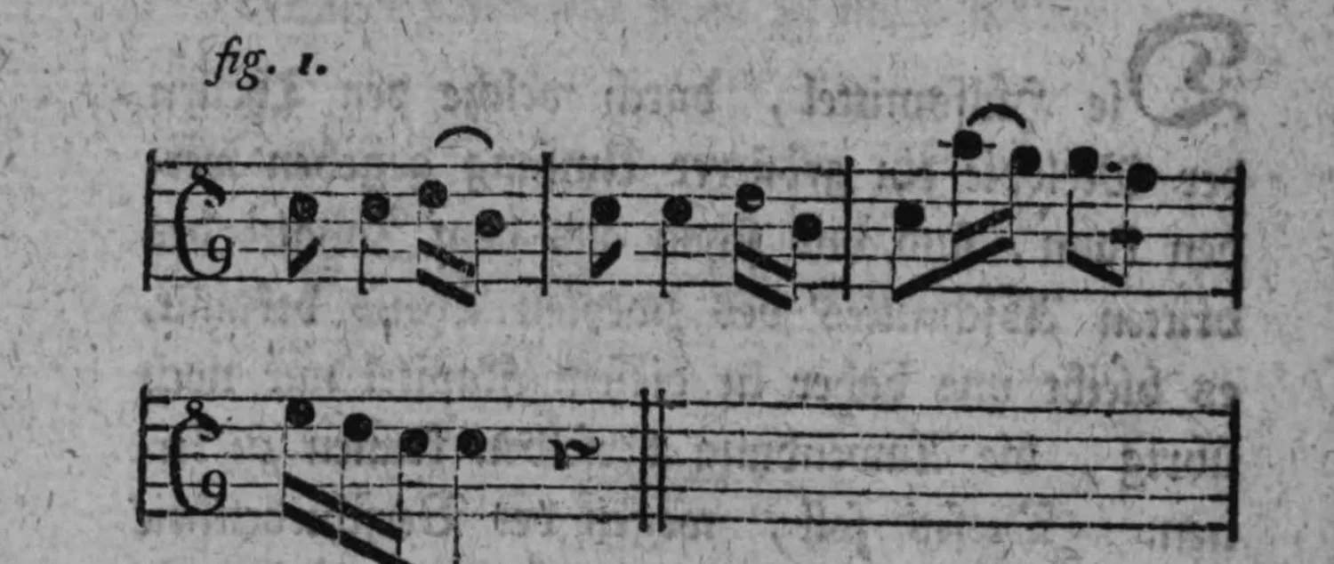 Notenbeyspiel: fig. 1, einstimmige Melodie, zwey Systeme; im ersten System wird der erste Tact wiederholt, das zweyte System endet mit Fermate und Doppelstrich